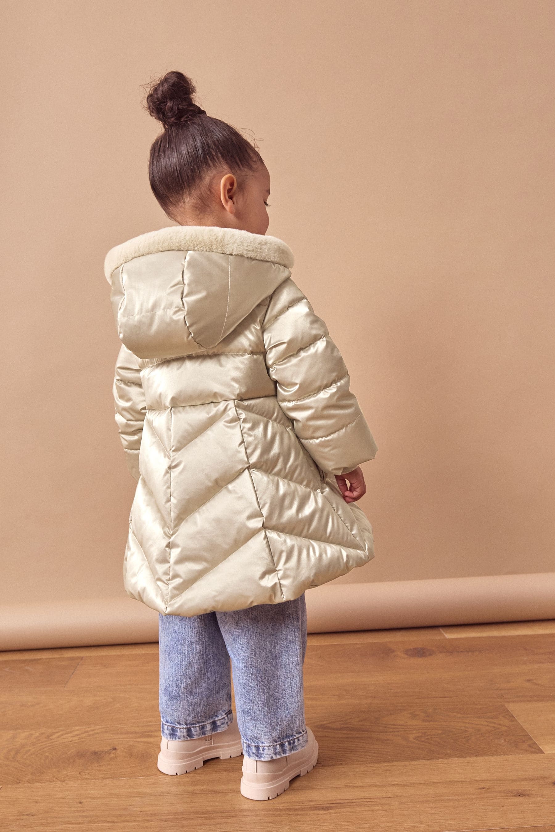 Gold Shower Resistant Metallic Skirted Coat/bow Pocket/Cosy Faux Fur lining/Fleece ined Pockets (6mths-7yrs)