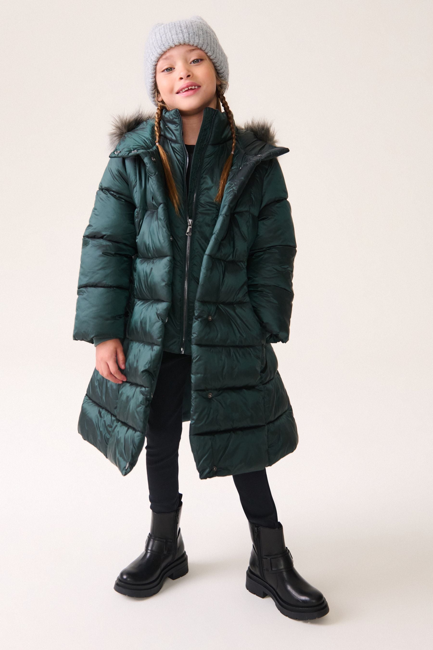 Green Shower Resistant Faux Fur Trim Double Layer Padded Coat (3-16yrs)