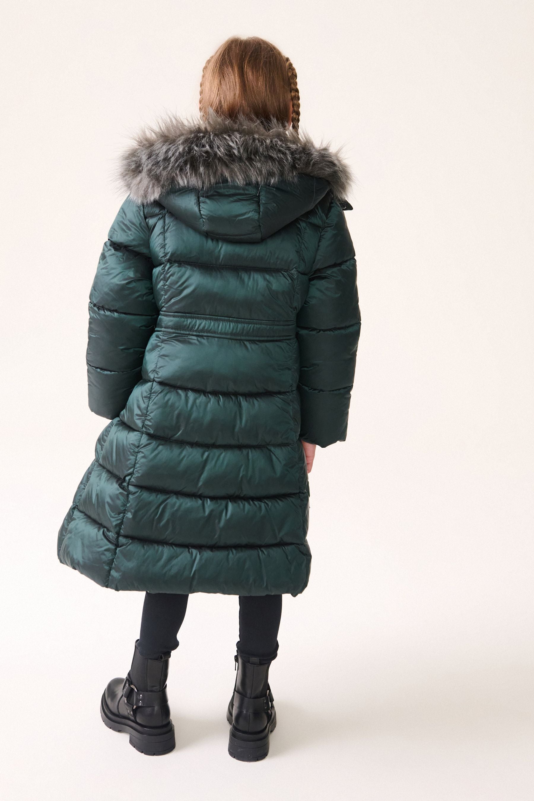 Green Shower Resistant Faux Fur Trim Double Layer Padded Coat (3-16yrs)