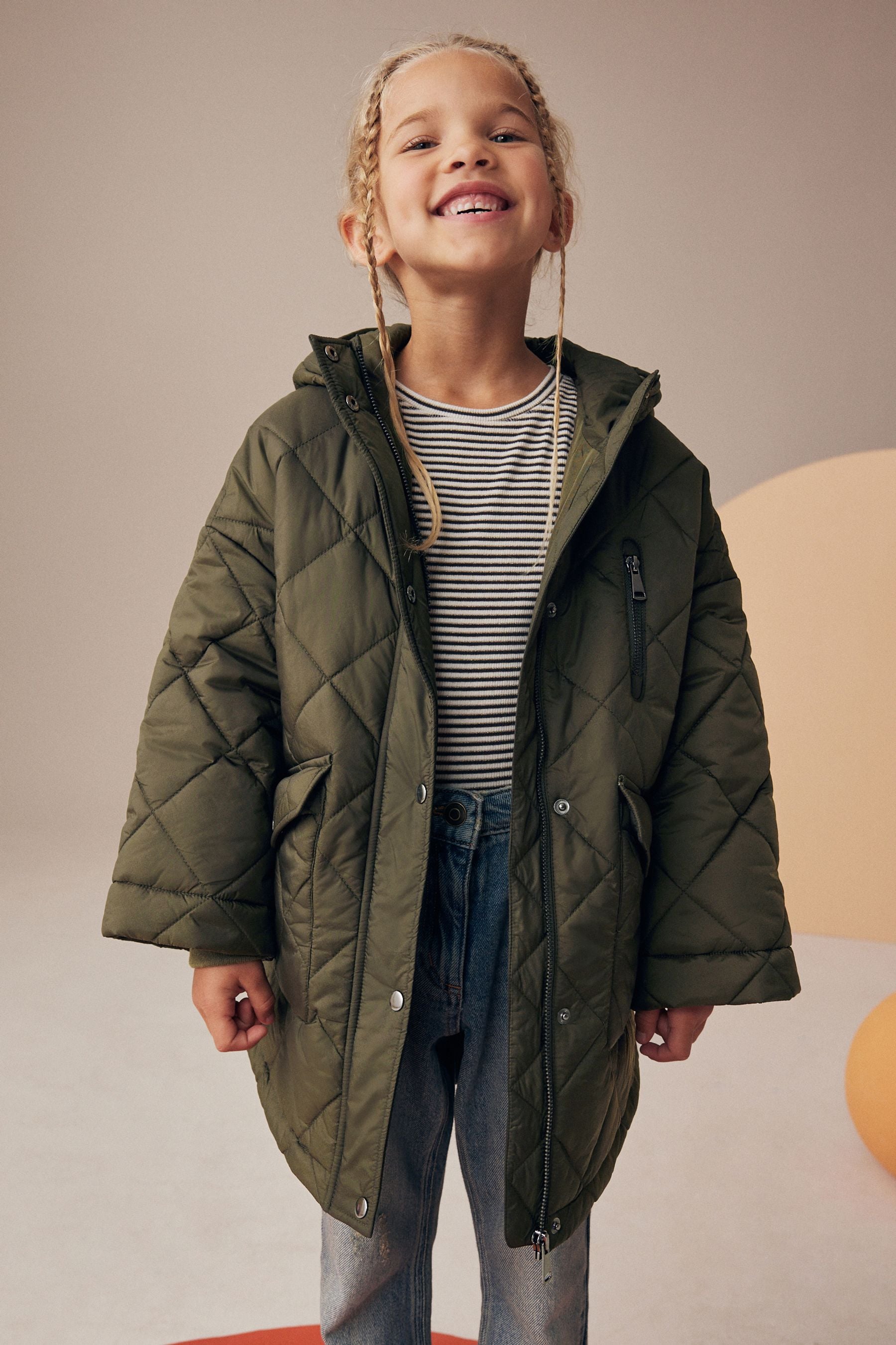 Khaki Green Shower Resistant Oversized Quilted Coat (3-16yrs)