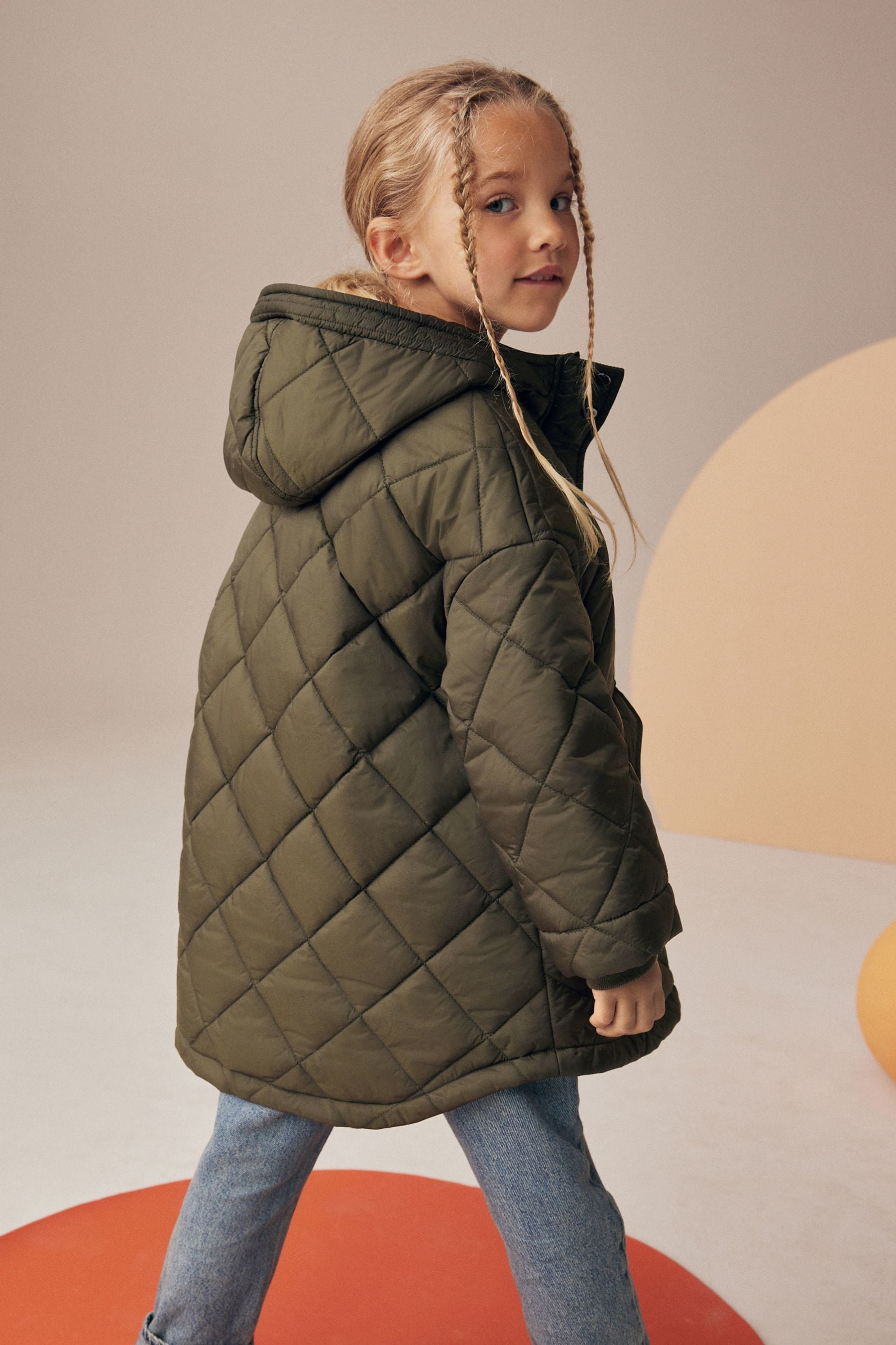 Khaki Green Shower Resistant Oversized Quilted Coat (3-16yrs)