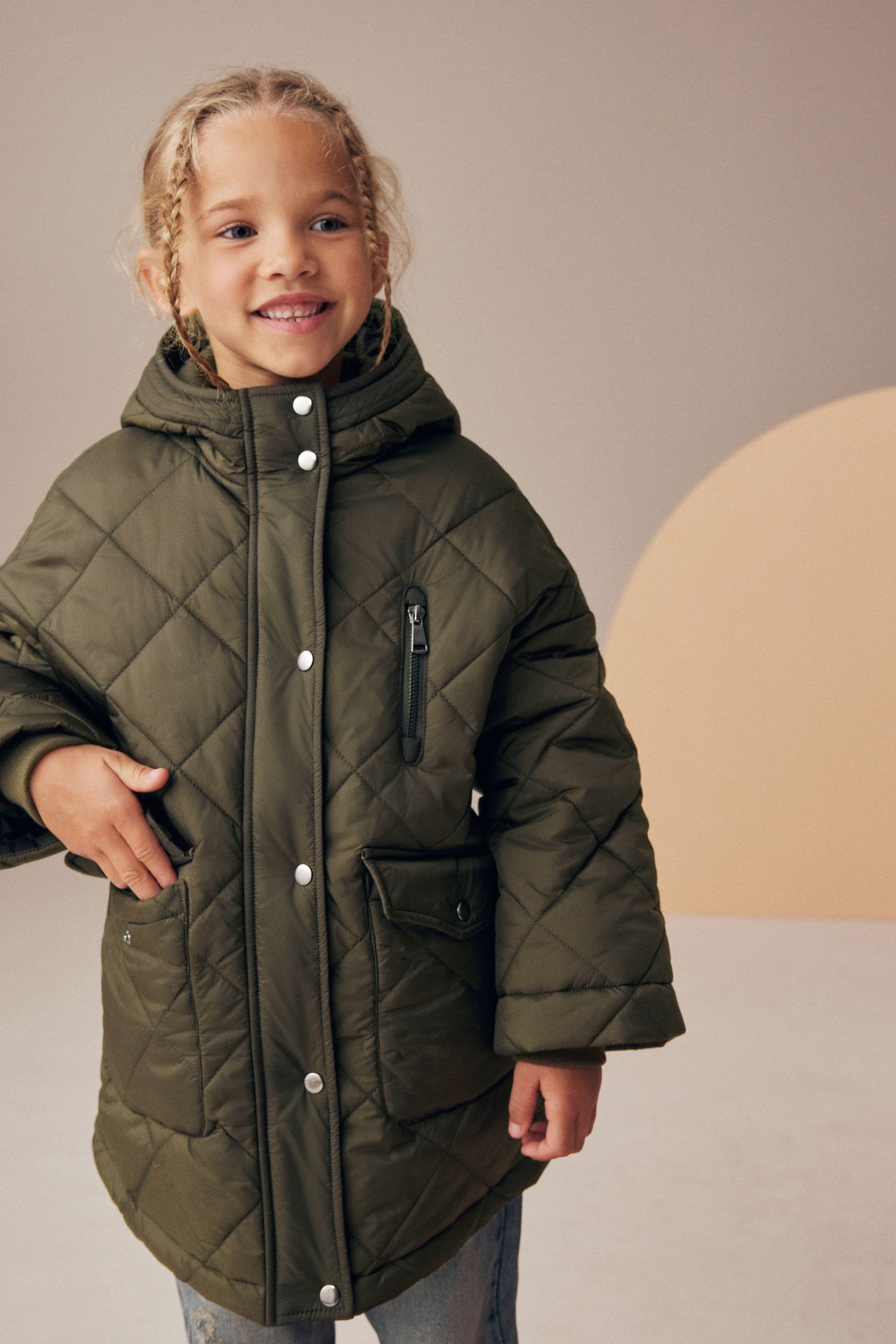 Khaki Green Shower Resistant Oversized Quilted Coat (3-16yrs)