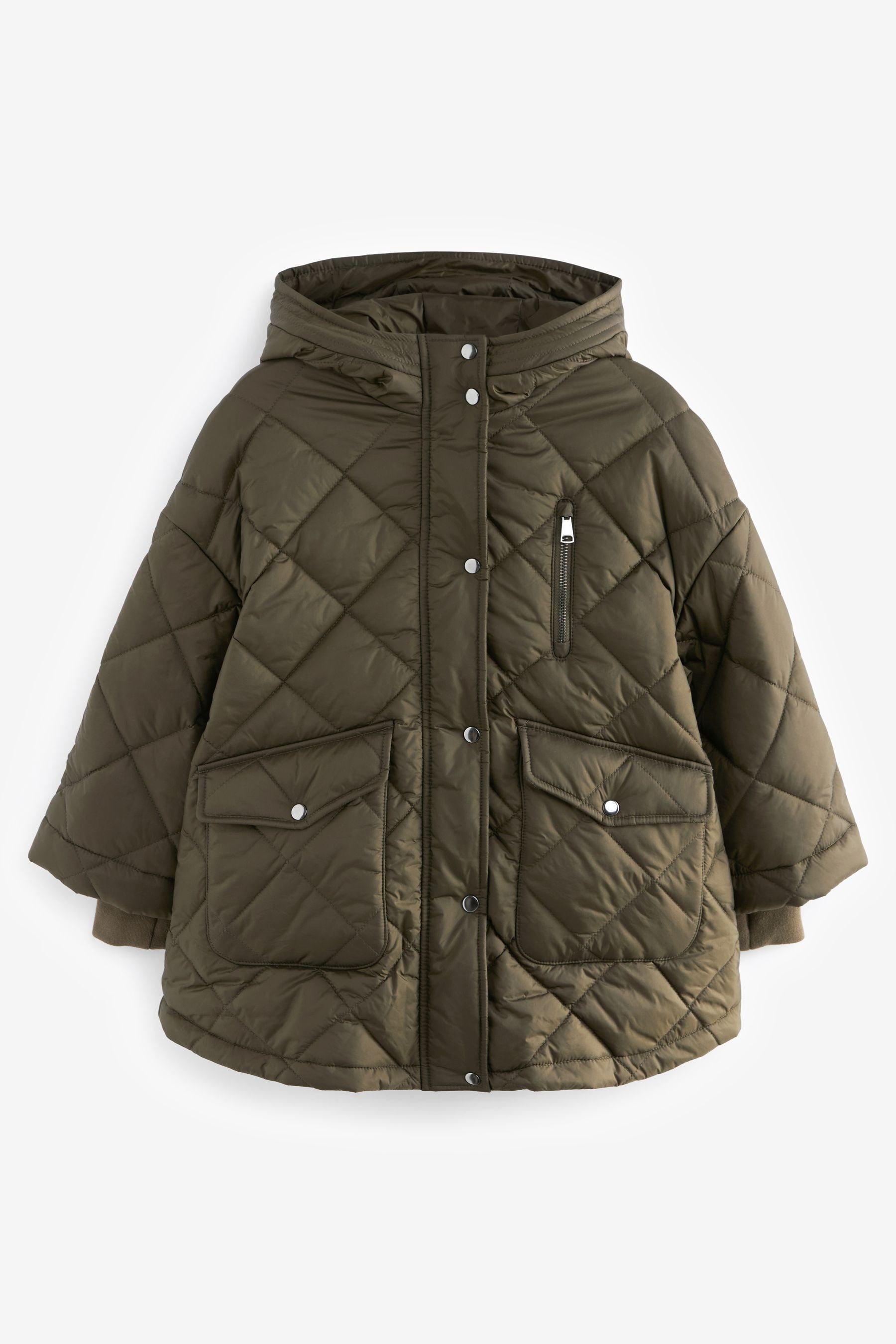 Khaki Green Shower Resistant Oversized Quilted Coat (3-16yrs)