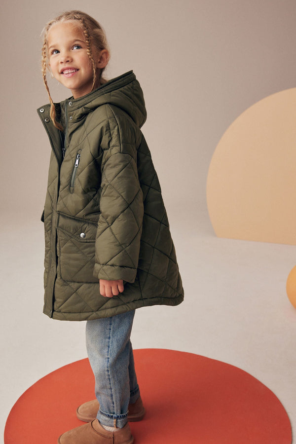 Khaki Green Shower Resistant Oversized Quilted Coat (3-16yrs)