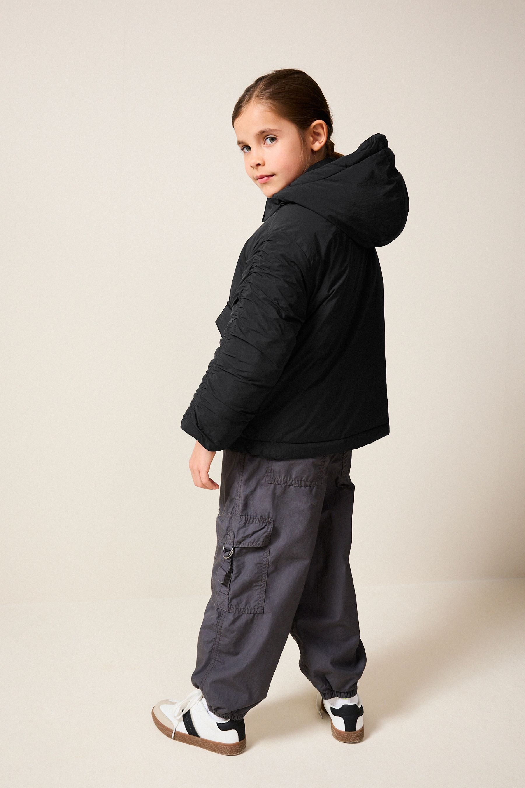 Black Shower Resistant Rouched Sleeve Coat (6-14yrs)