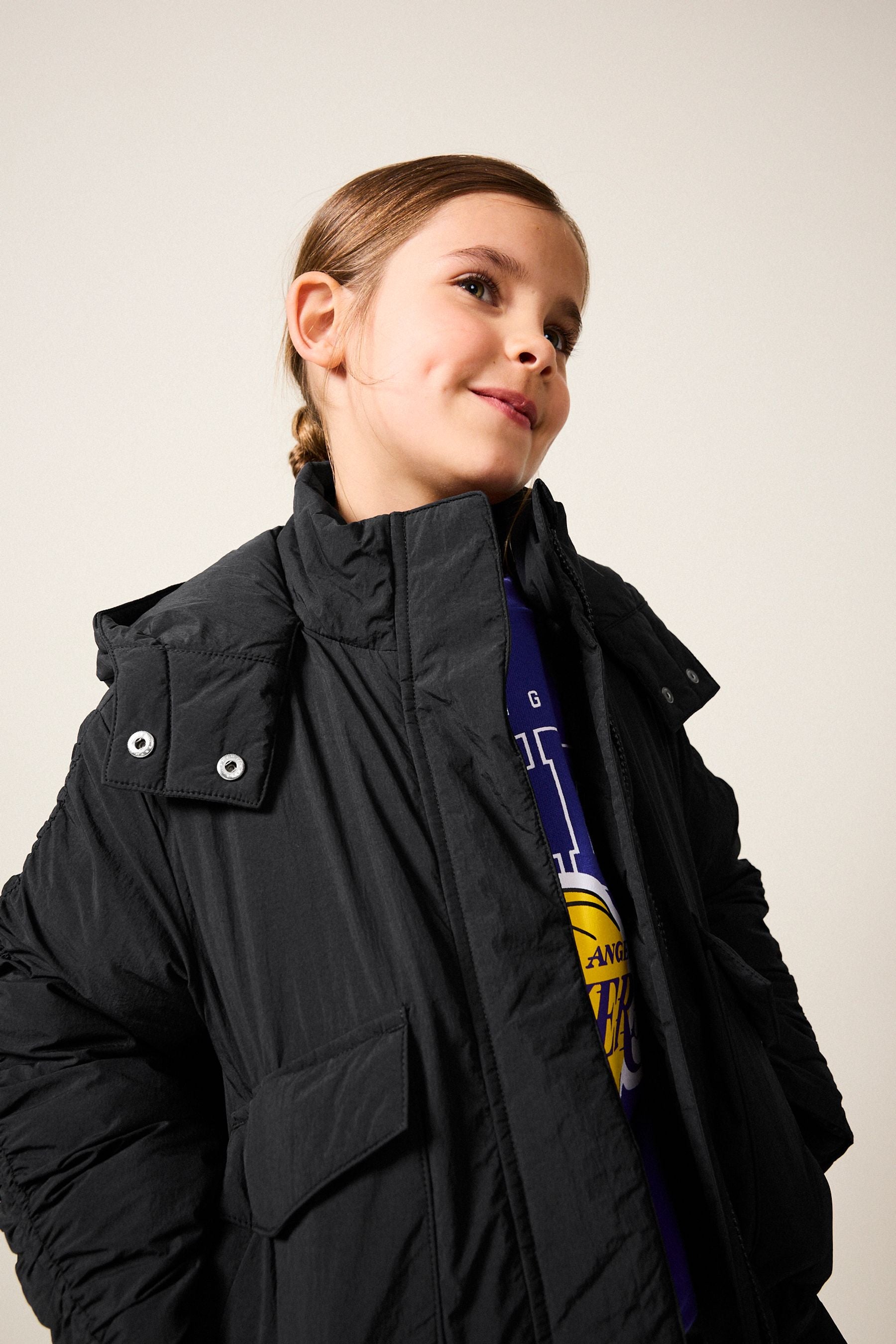 Black Shower Resistant Rouched Sleeve Coat (6-14yrs)