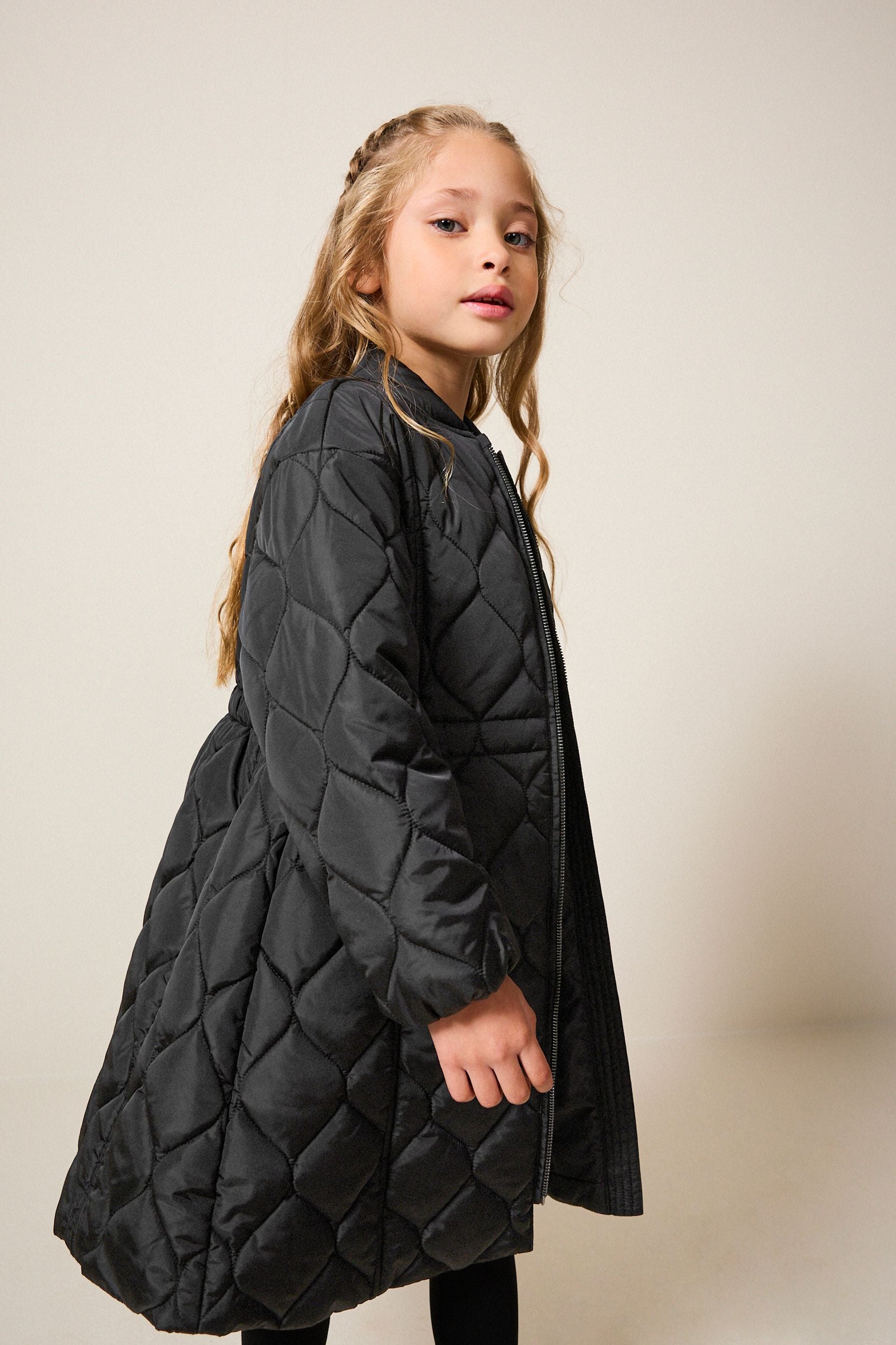 Black Shower Resistant Onion Quilted Coat (3-16yrs)