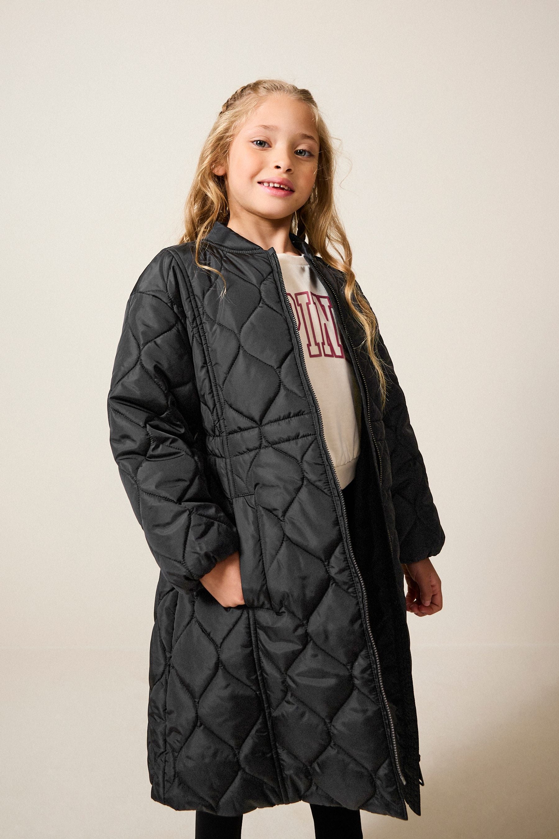 Black Shower Resistant Onion Quilted Coat (3-16yrs)