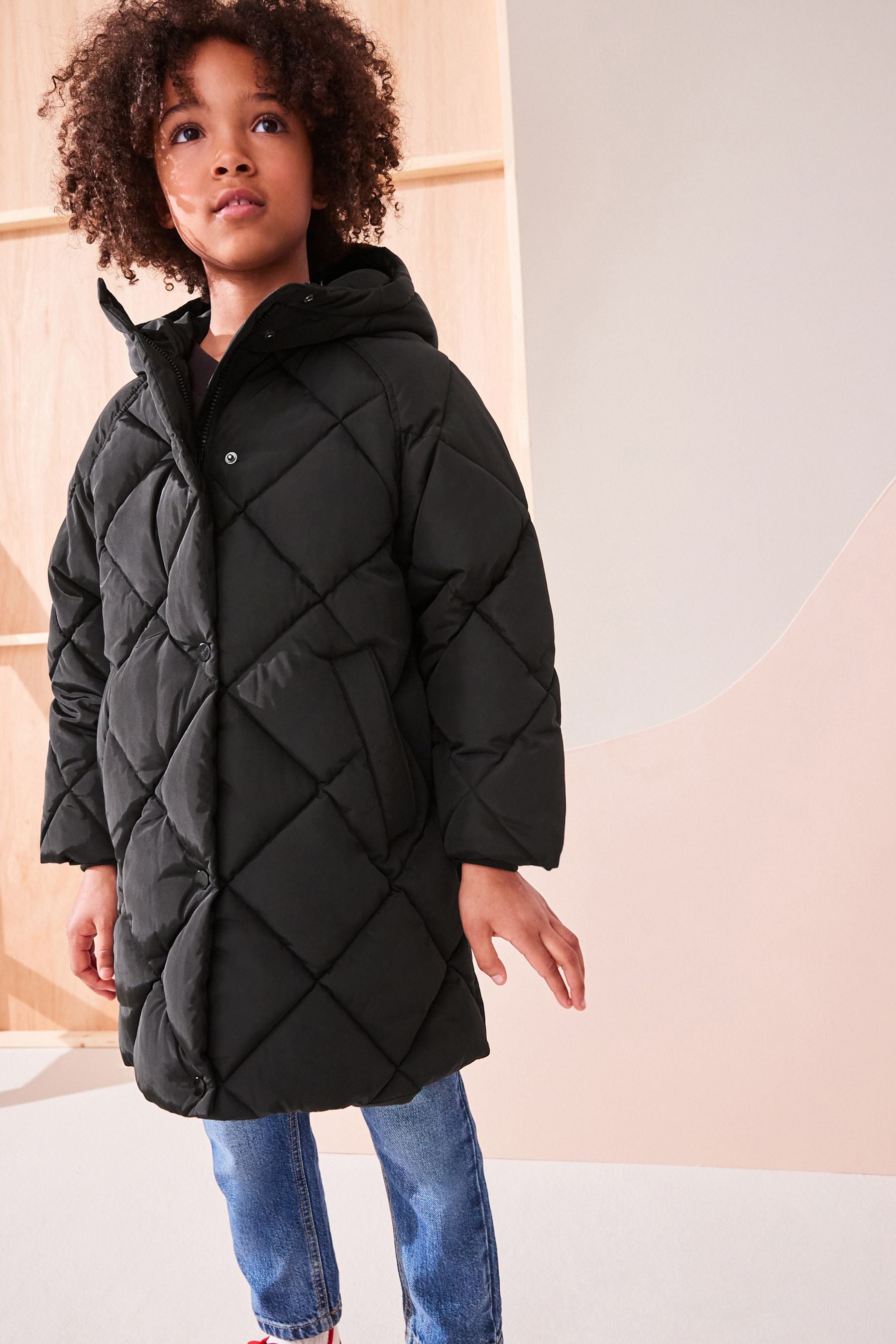 Black Shower Resistant Diamond Quilted Coat (3-16yrs)