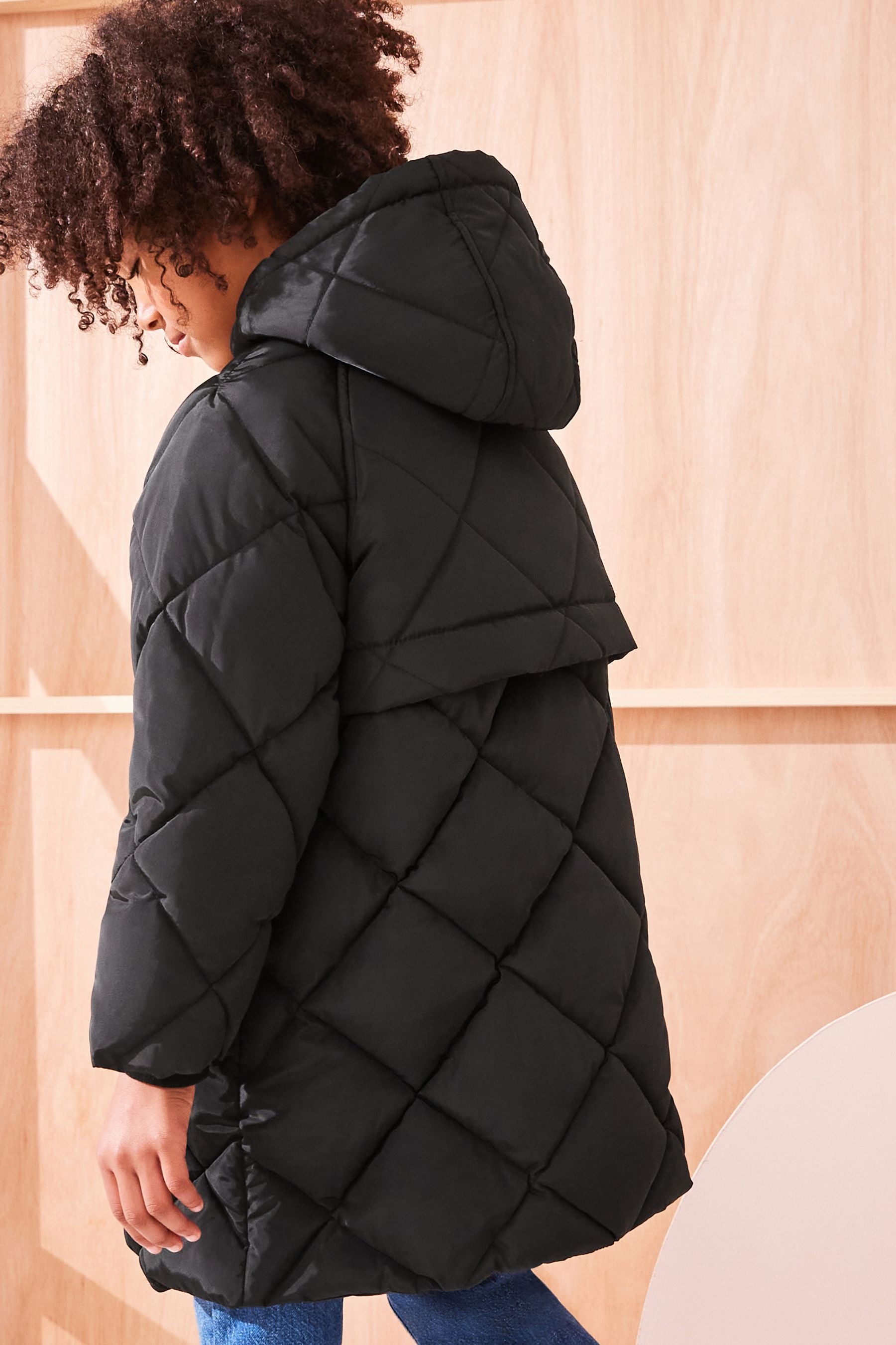 Black Shower Resistant Diamond Quilted Coat (3-16yrs)