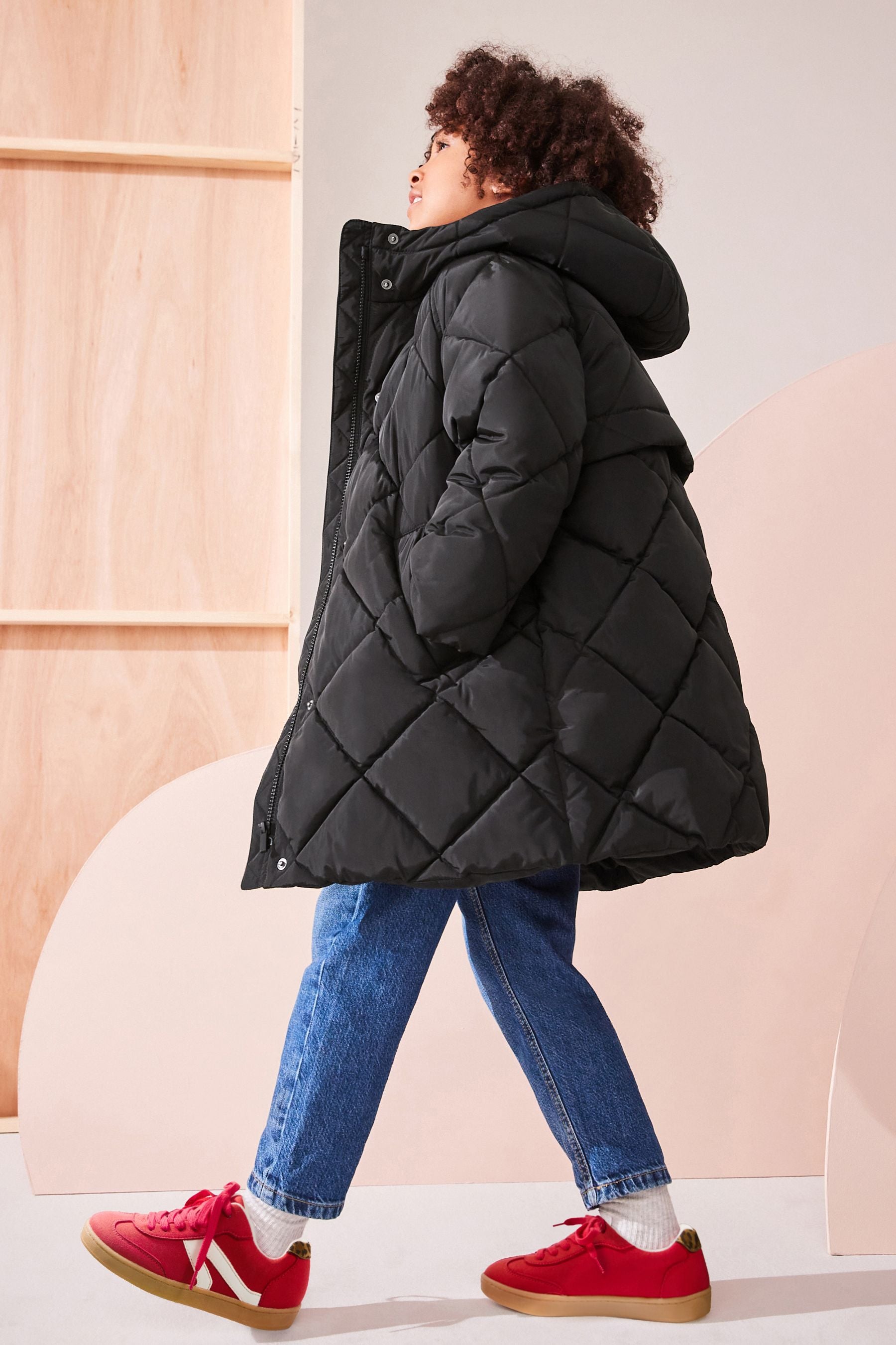 Black Shower Resistant Diamond Quilted Coat (3-16yrs)