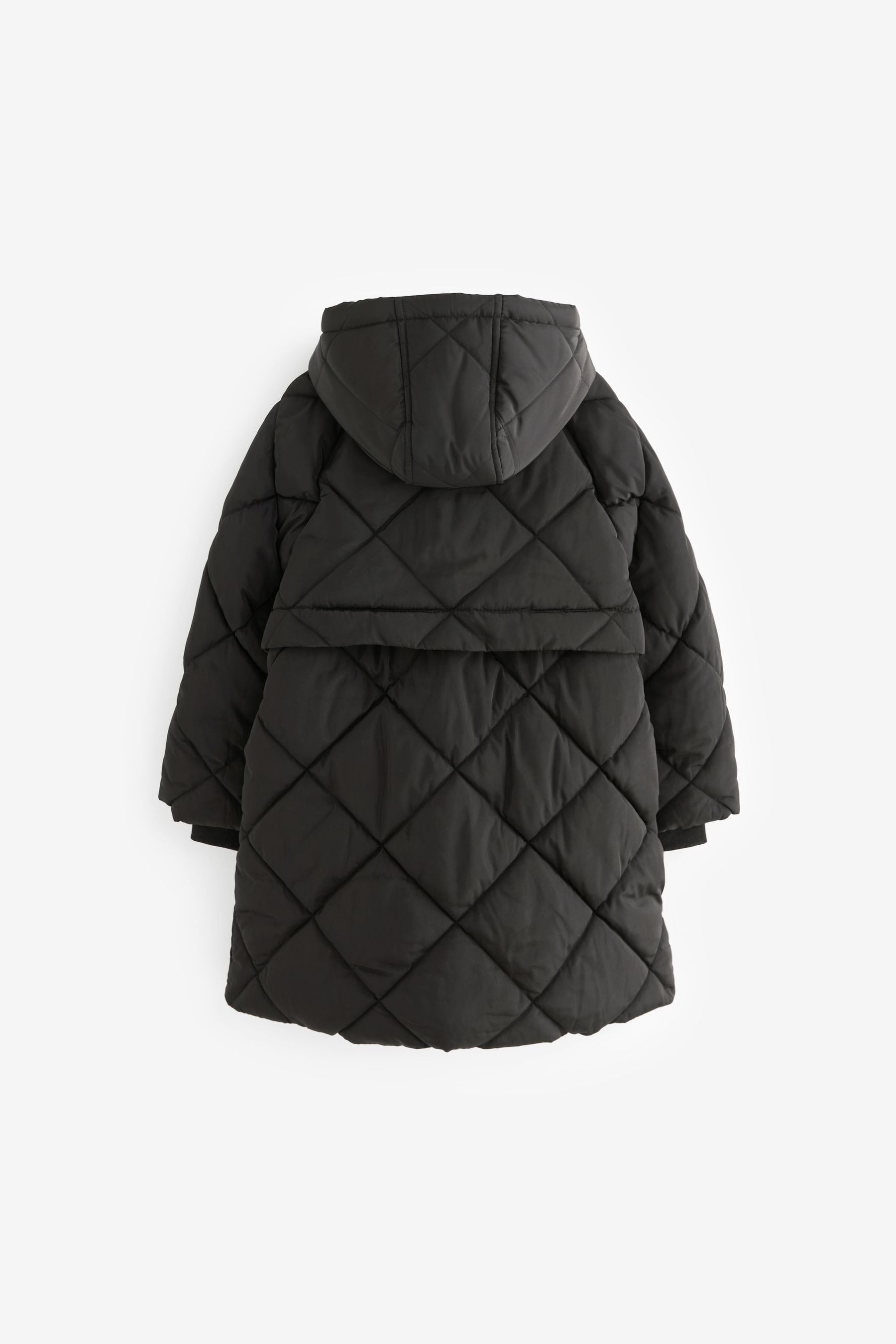 Black Shower Resistant Diamond Quilted Coat (3-16yrs)