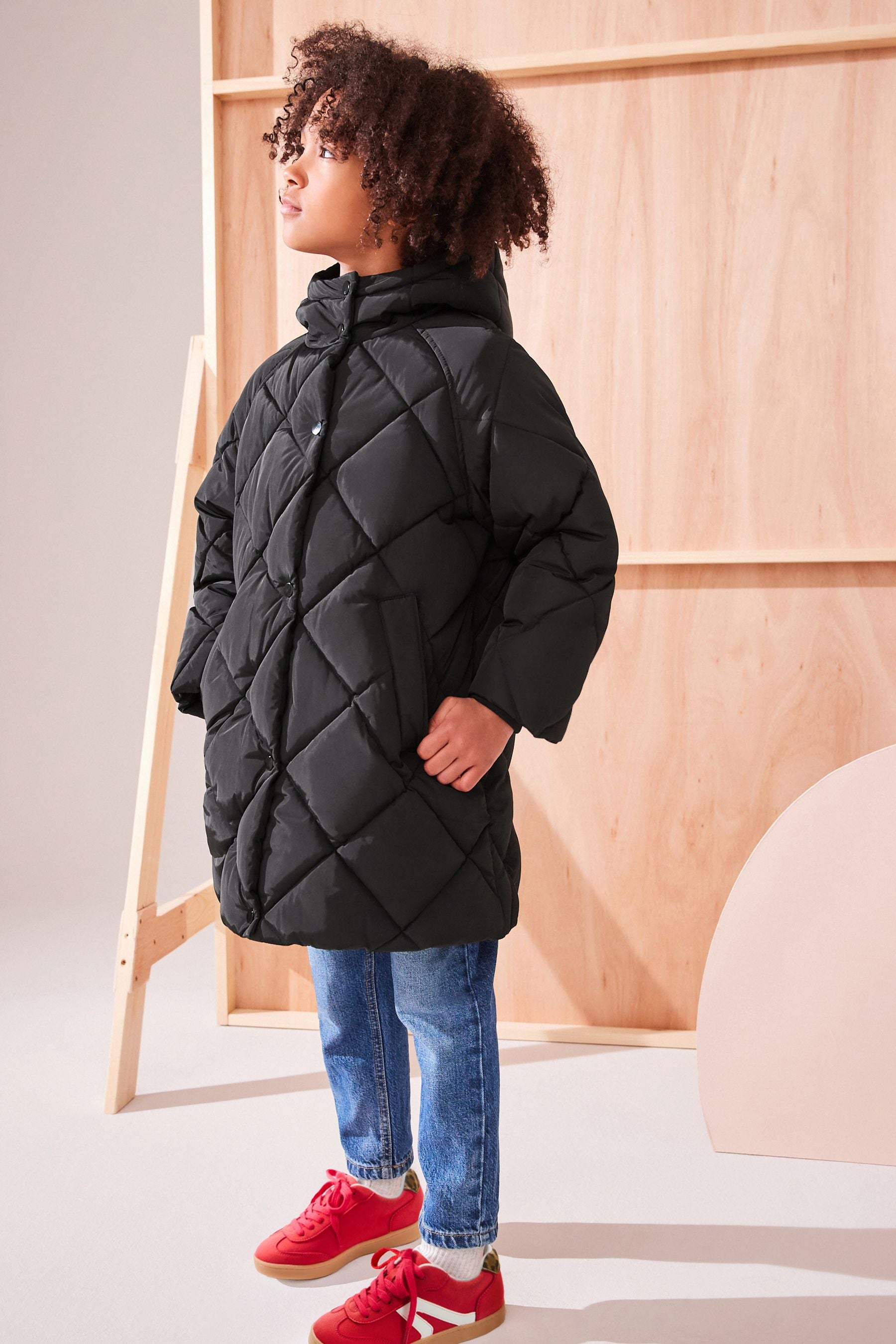 Black Shower Resistant Diamond Quilted Coat (3-16yrs)