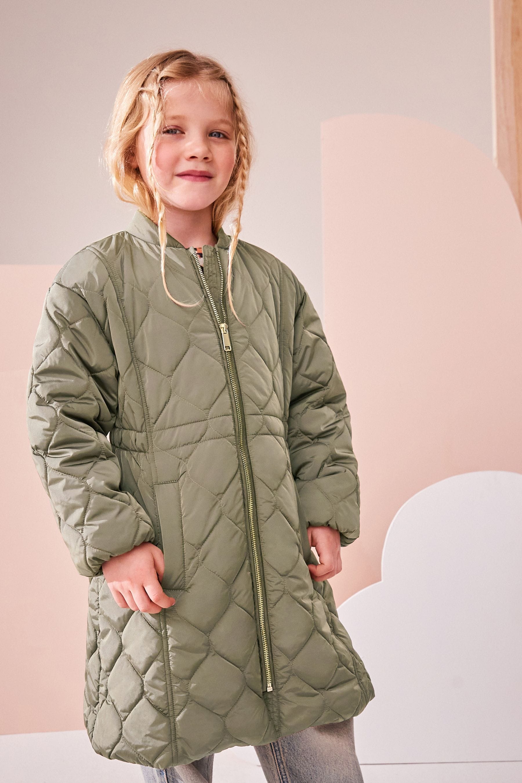 Khaki Green Shower Resistant Onion Quilted Coat (3-16yrs)