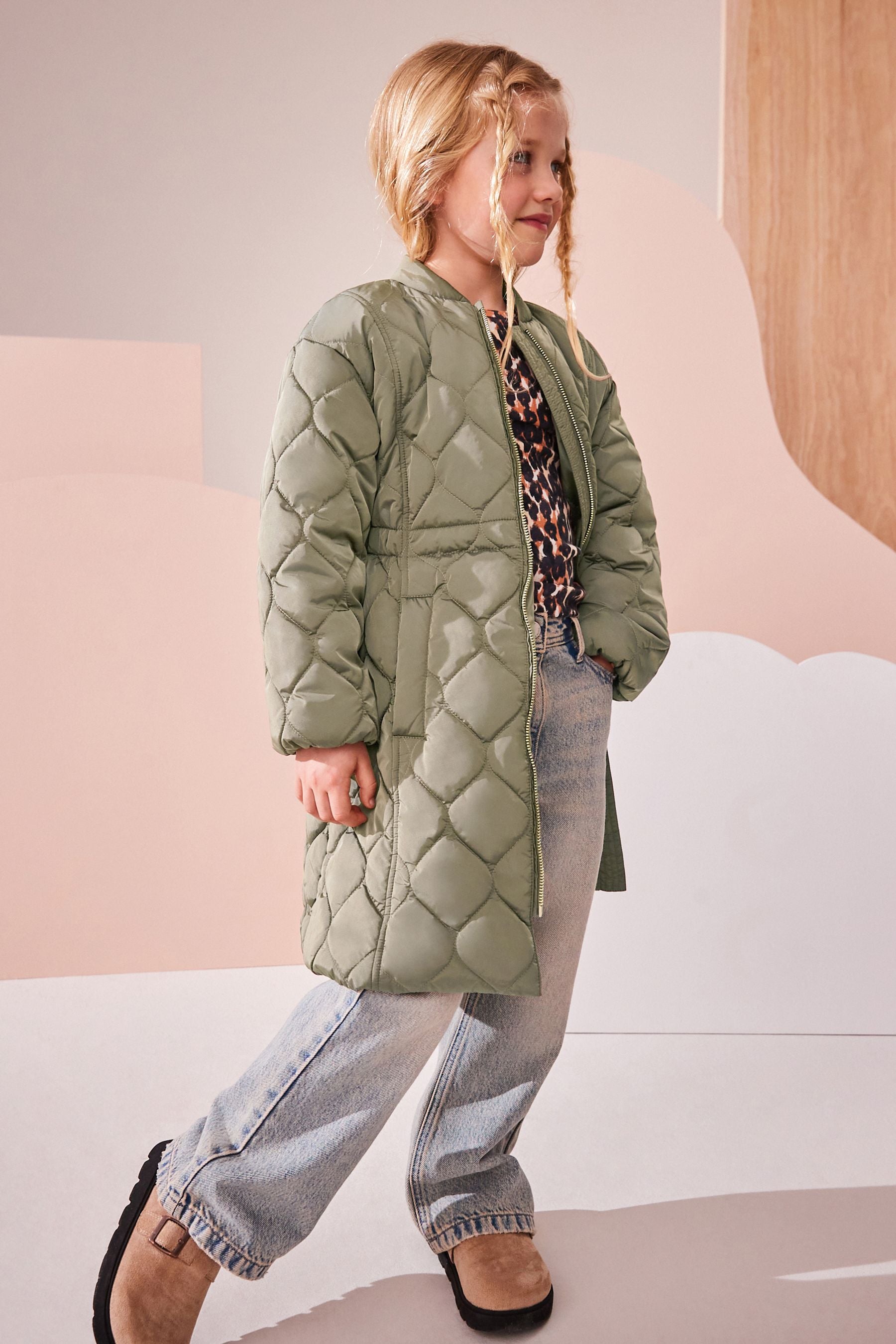 Khaki Green Shower Resistant Onion Quilted Coat (3-16yrs)