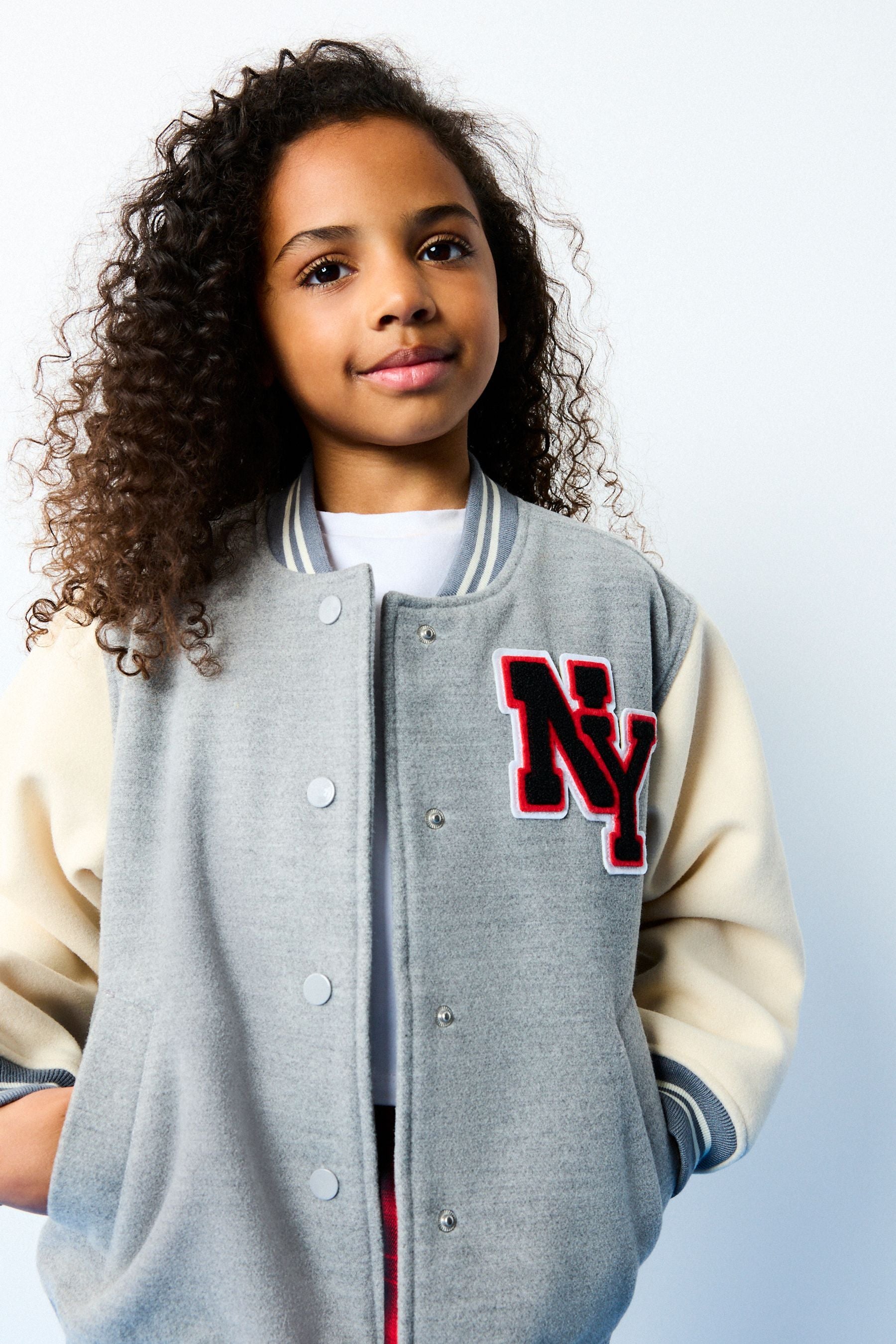 Grey/Neutral Varsity Wool Mix Bomber Jacket (3-16yrs)