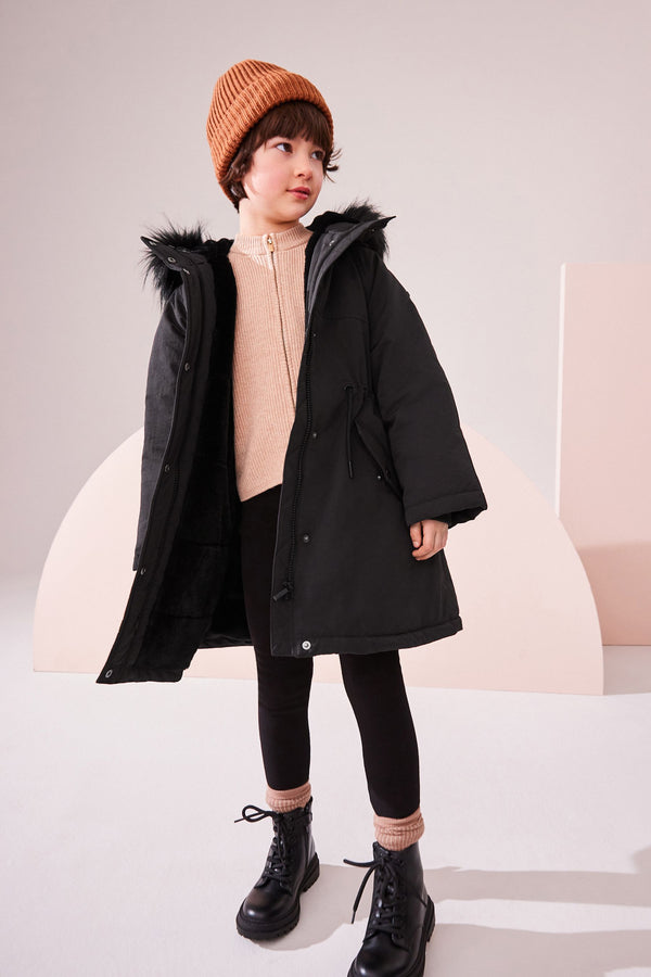 Black Shower Resistant Faux Fur Trim Parka (3-16yrs)