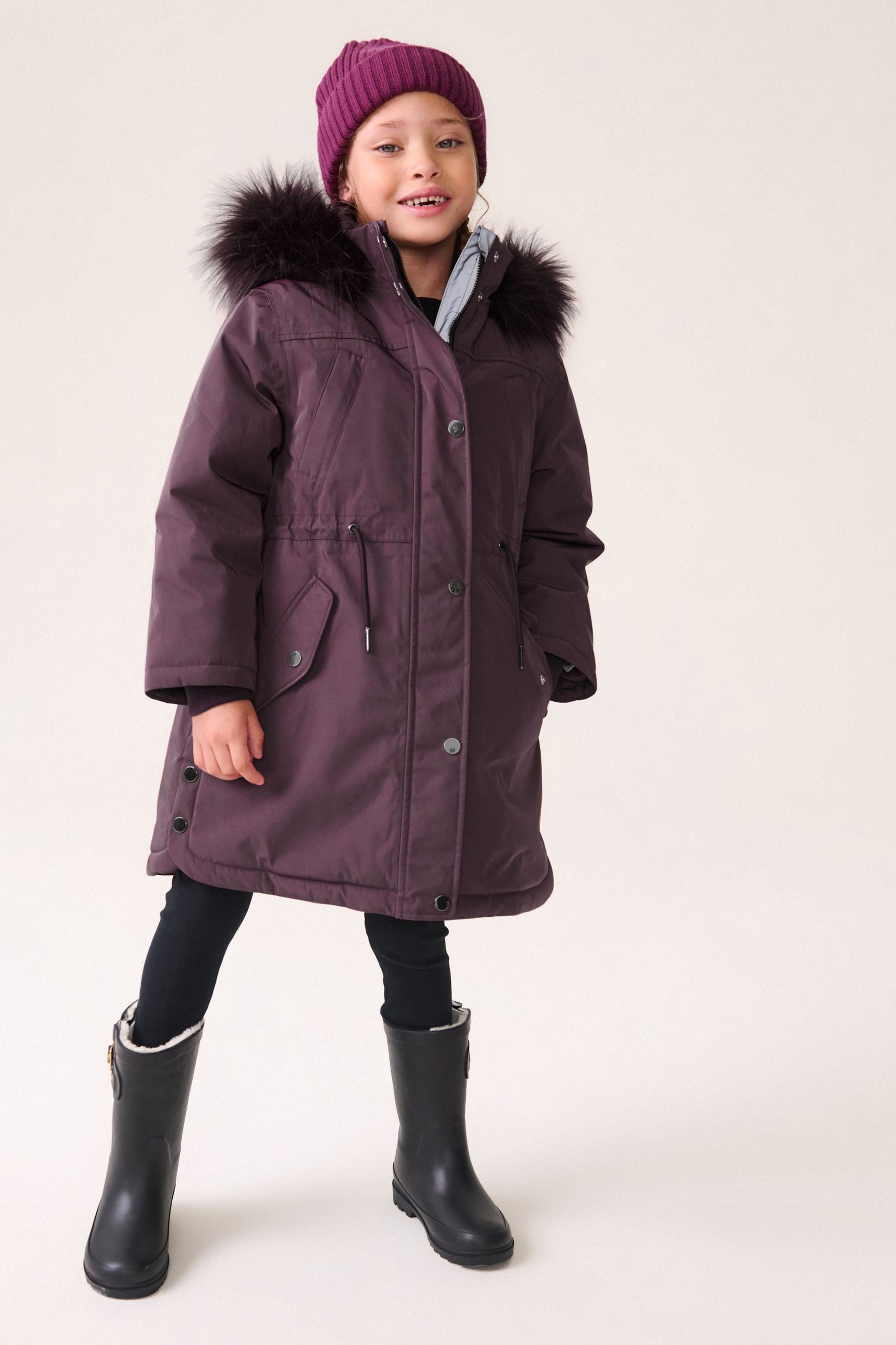 Purple Waterproof Faux Fur Trim Hood Parka Coat (3-16yrs)