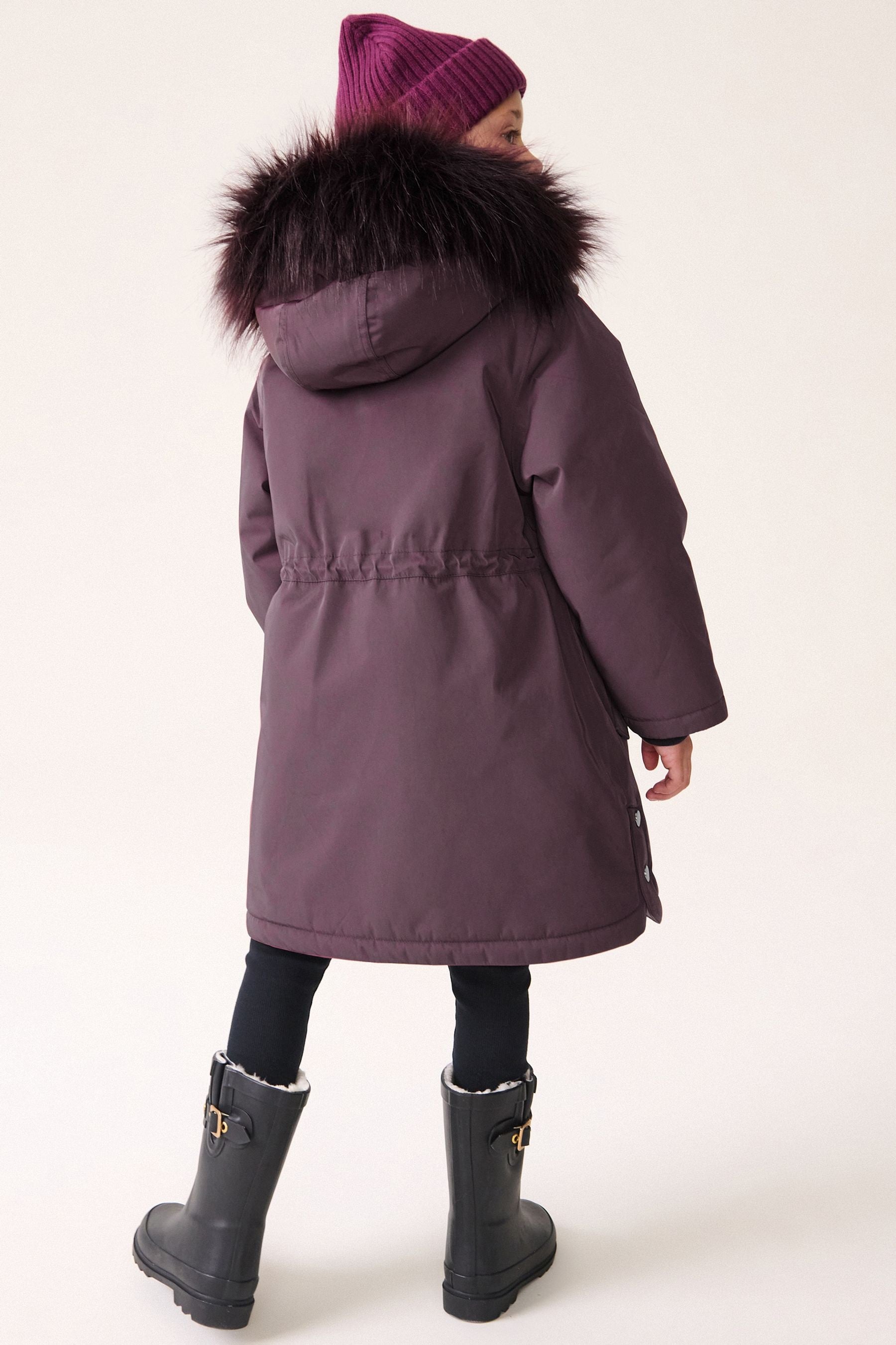 Purple Waterproof Faux Fur Trim Hood Parka Coat (3-16yrs)