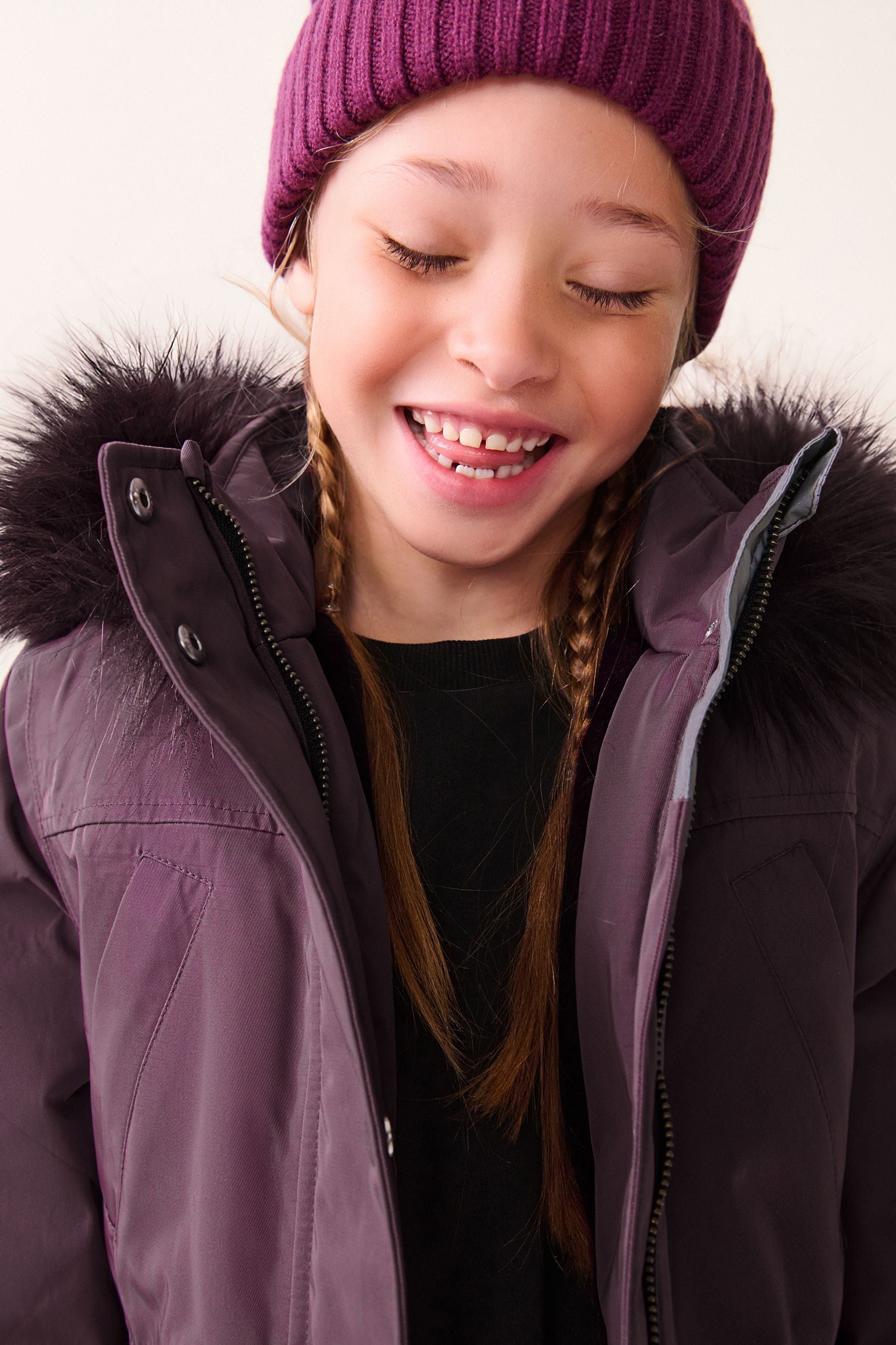 Purple Waterproof Faux Fur Trim Hood Parka Coat (3-16yrs)