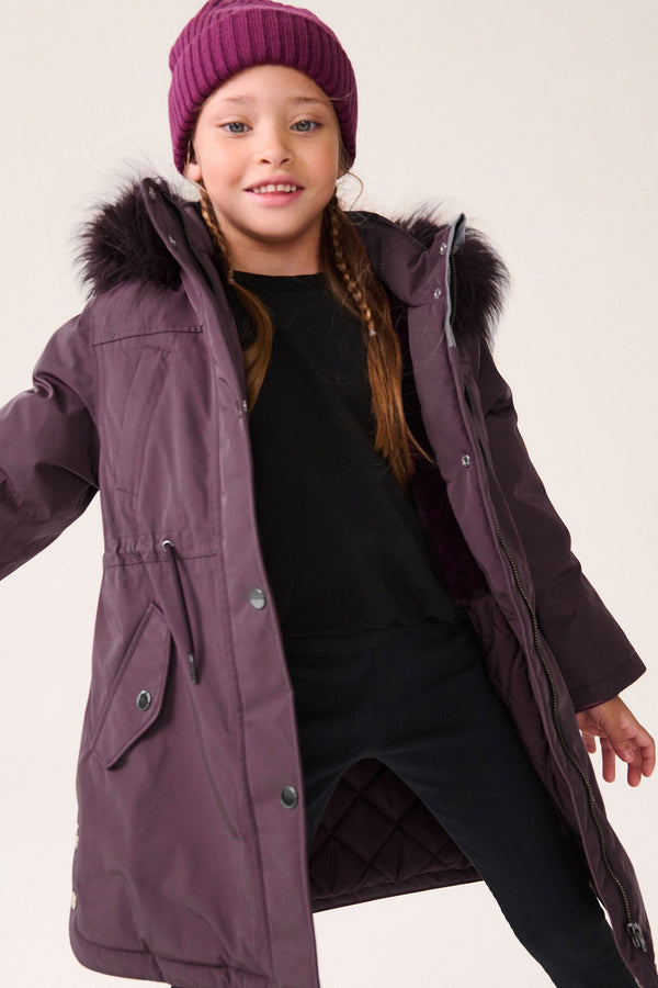 Purple Waterproof Faux Fur Trim Hood Parka Coat (3-16yrs)