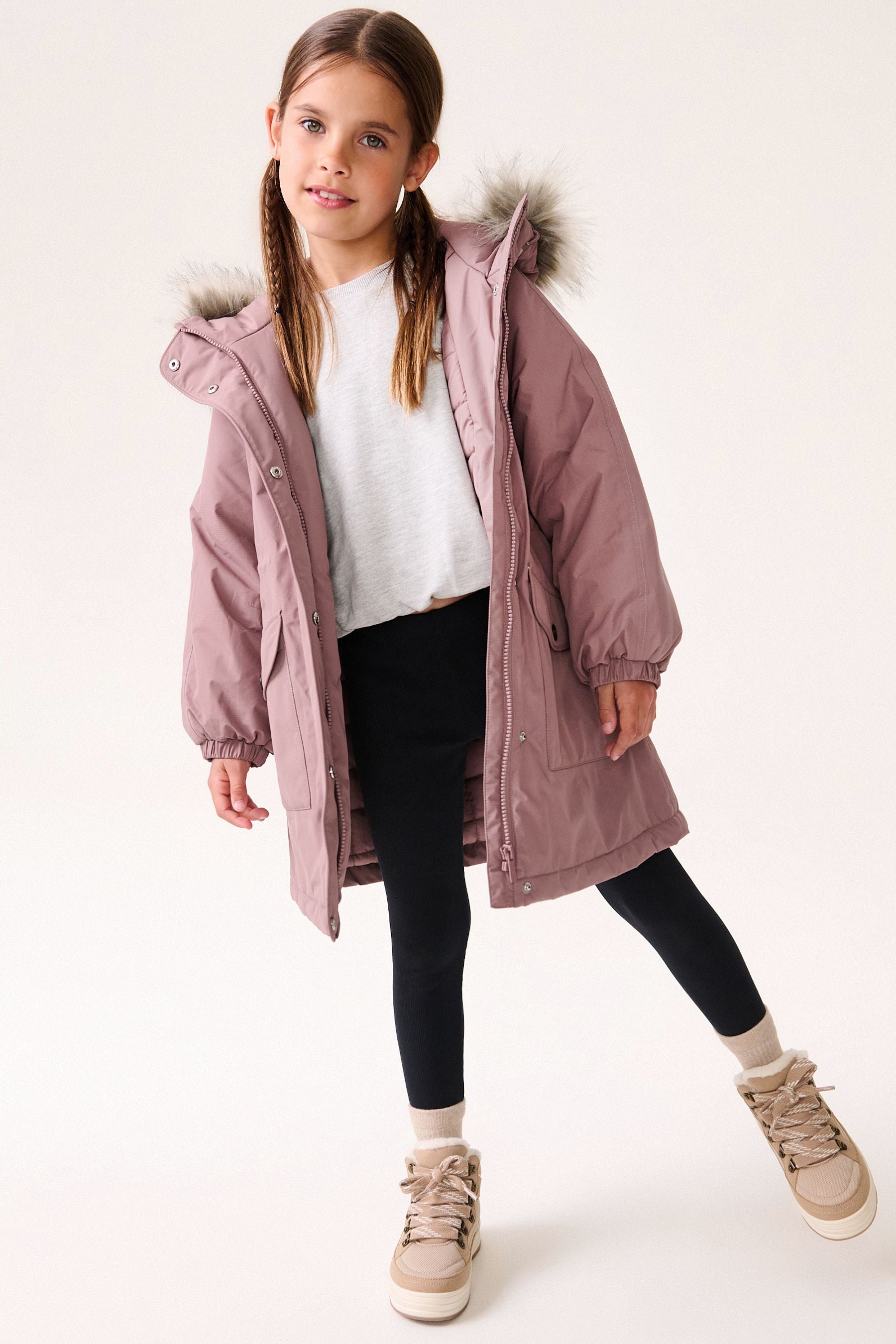 Pink Waterproof Faux Fur Trim Hood Parka Coat (3-16yrs)