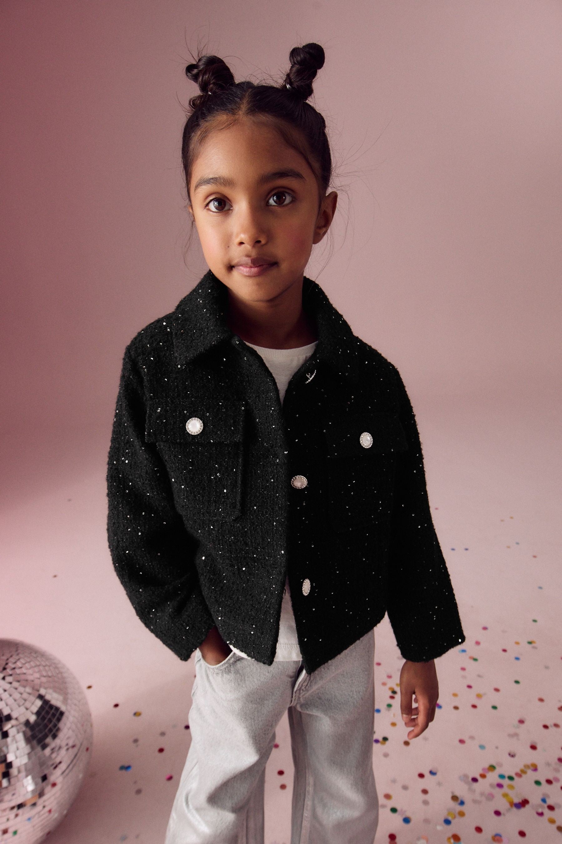 Black Crop Wool Blend Sparkle Coat (3-16yrs)