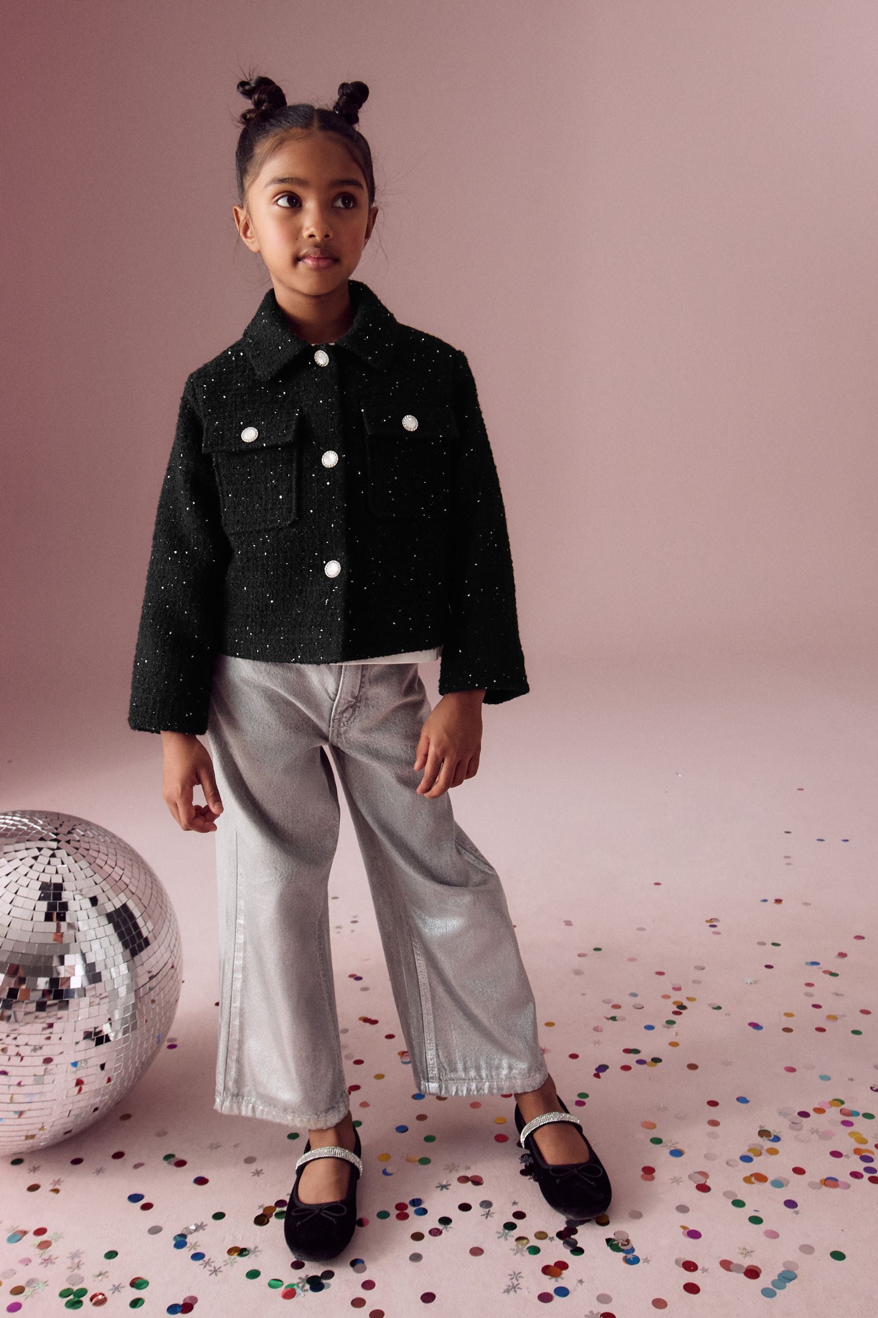 Black Crop Wool Blend Sparkle Coat (3-16yrs)