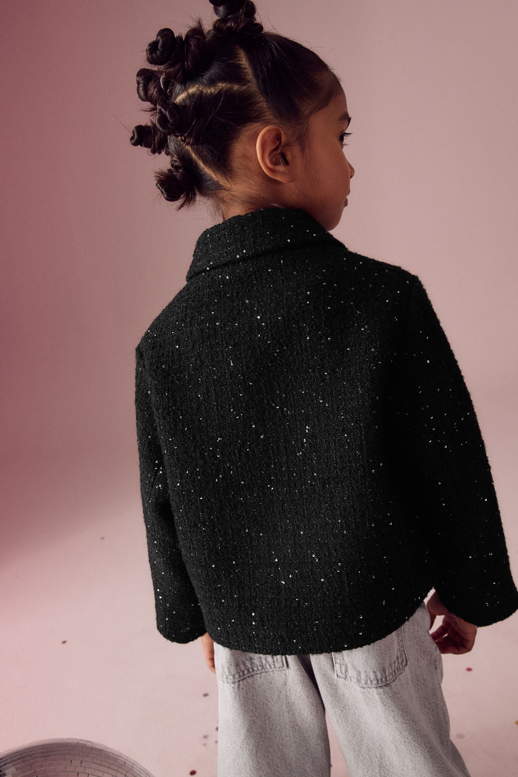 Black Crop Wool Blend Sparkle Coat (3-16yrs)