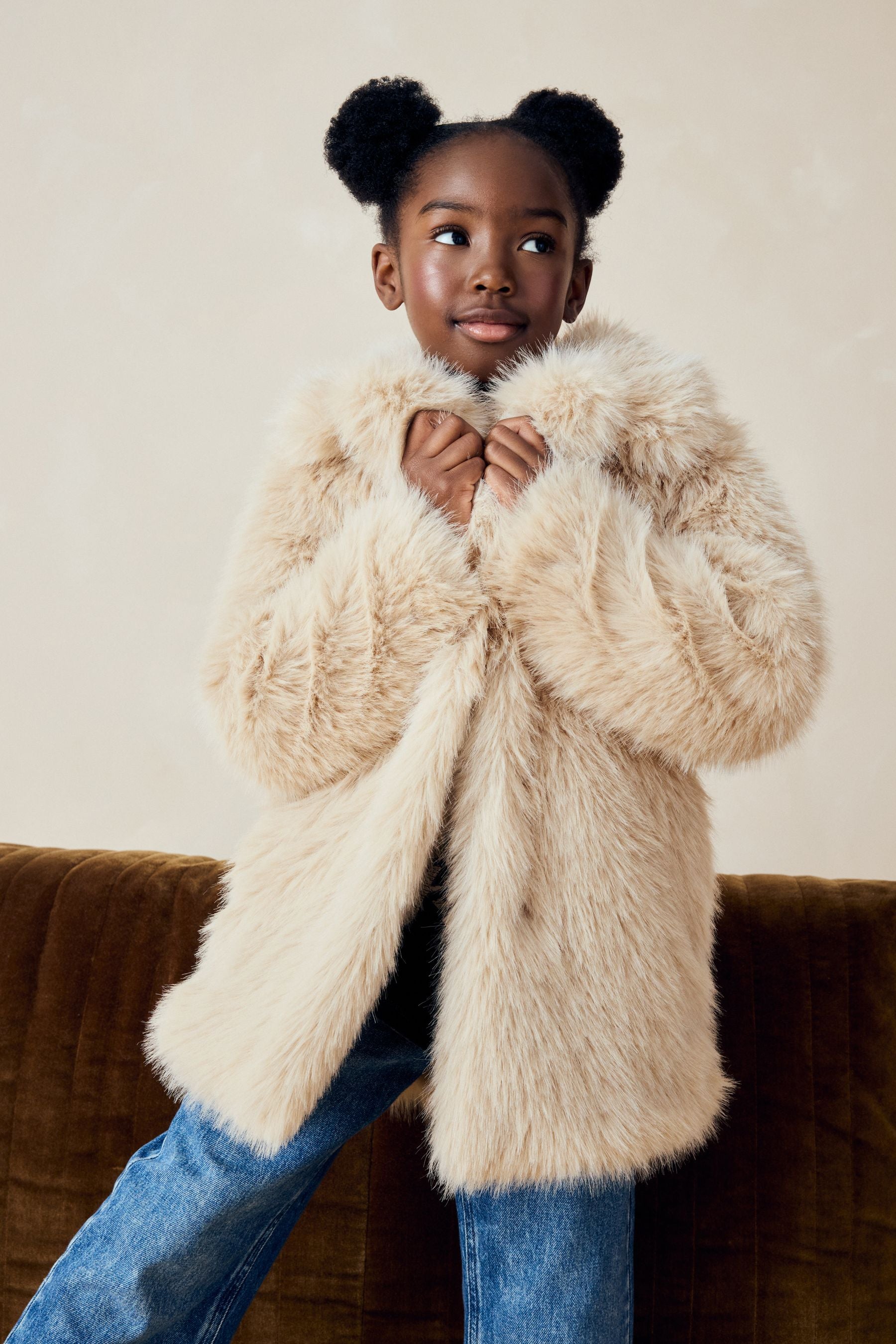 Cream Cream Faux Fur Coat (3-16yrs)