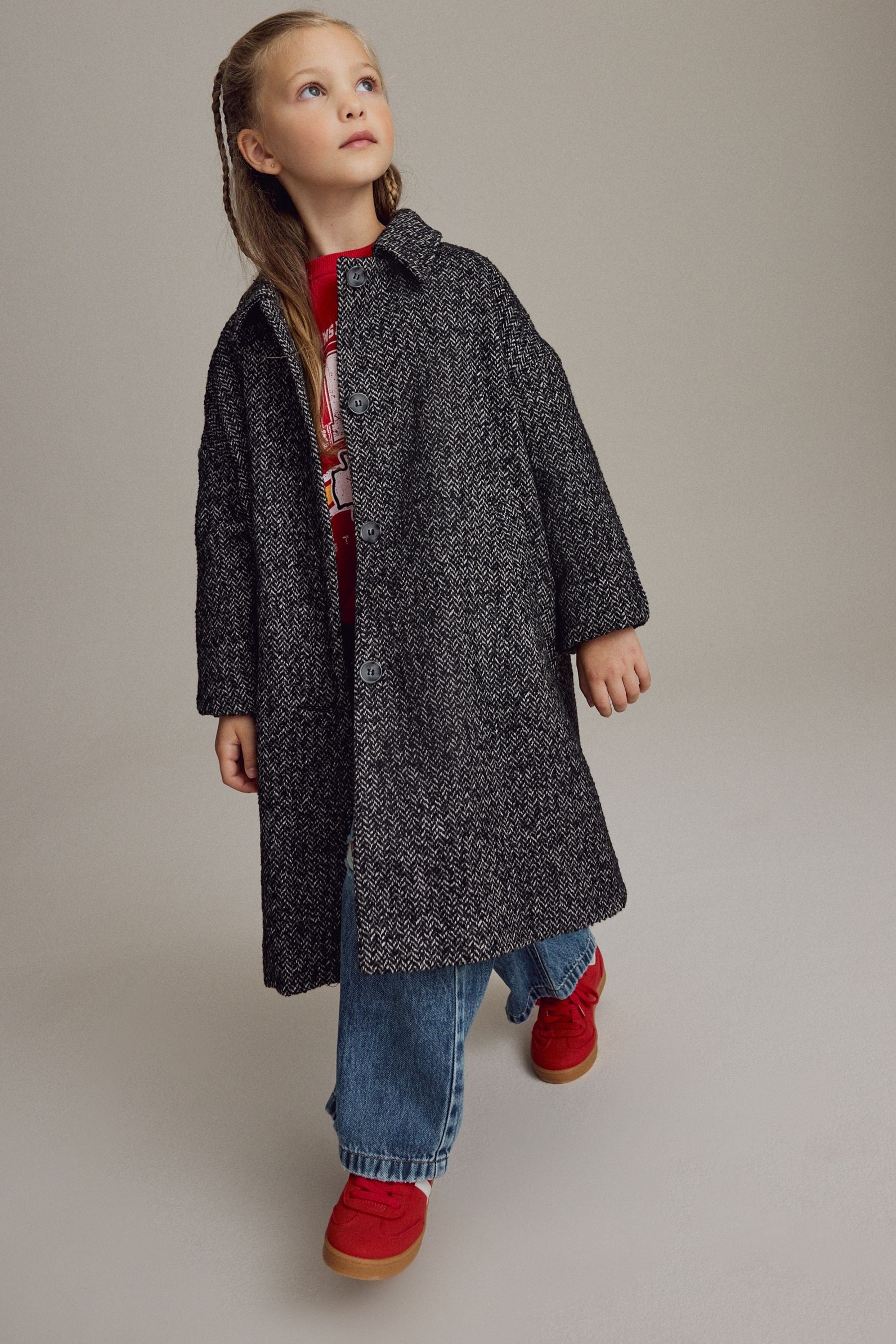 Black/White Mono Casual Coat with Wool (3-16yrs)