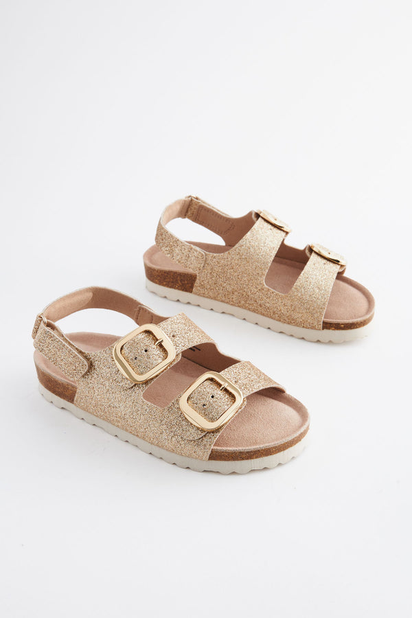 Gold Glitter Two Strap Corkbed Sandals