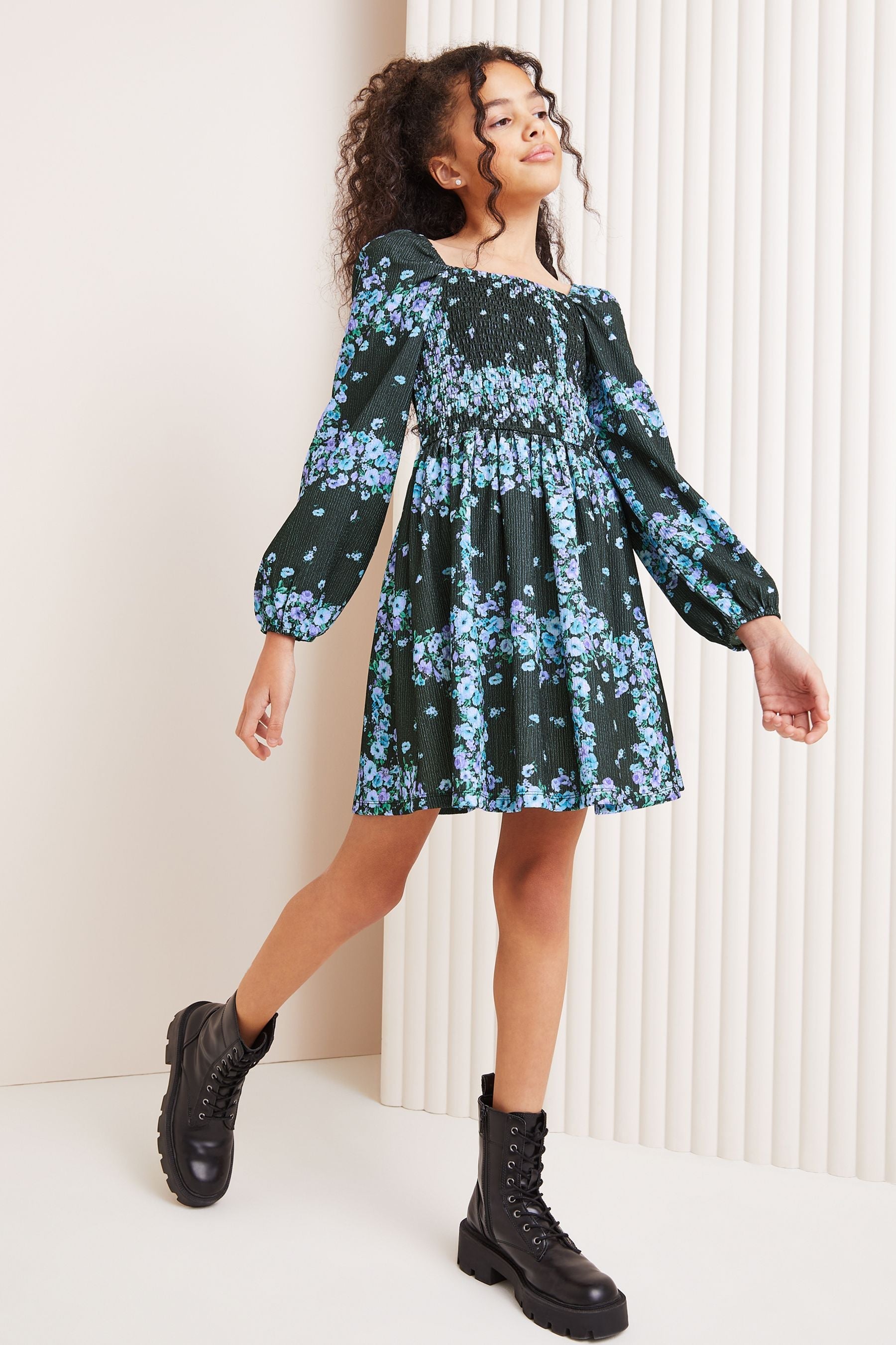 Black/Blue Floral Crinkle Jersey Square Neck Dress