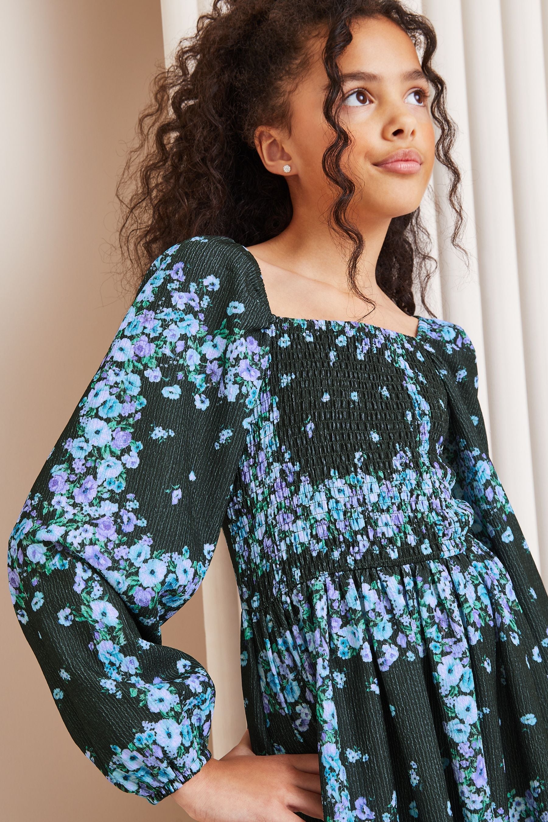 Black/Blue Floral Crinkle Jersey Square Neck Dress