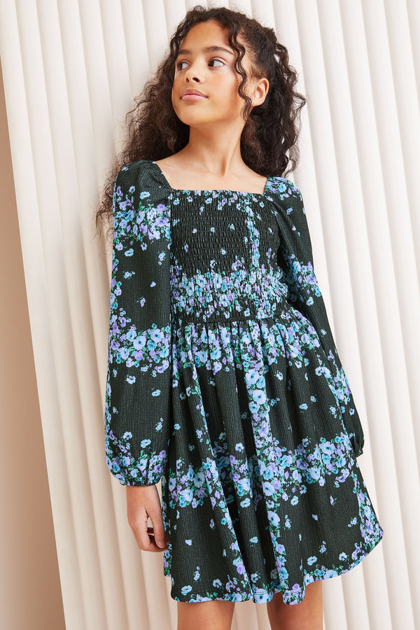 Black/Blue Floral Crinkle Jersey Square Neck Dress