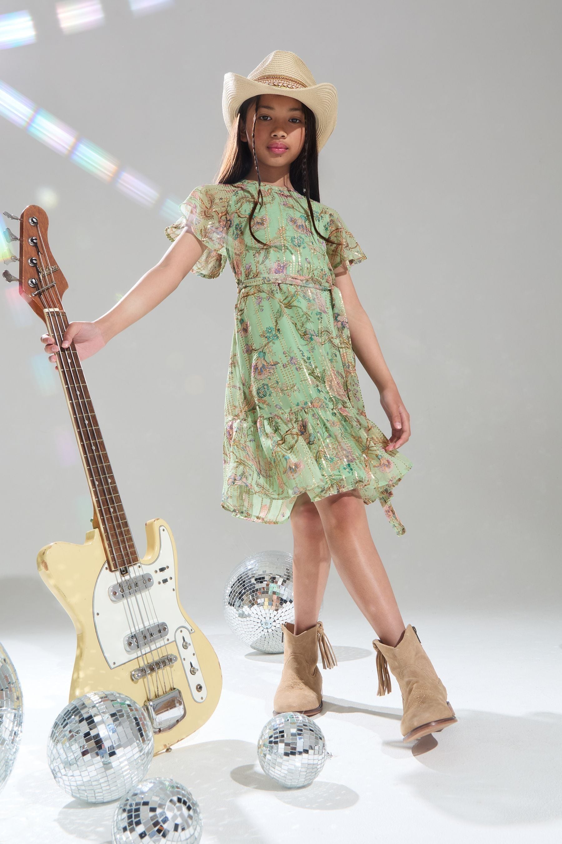 Green Floral Lipsy Sparkle Shift Occasion Dress (From 2-16yrs)