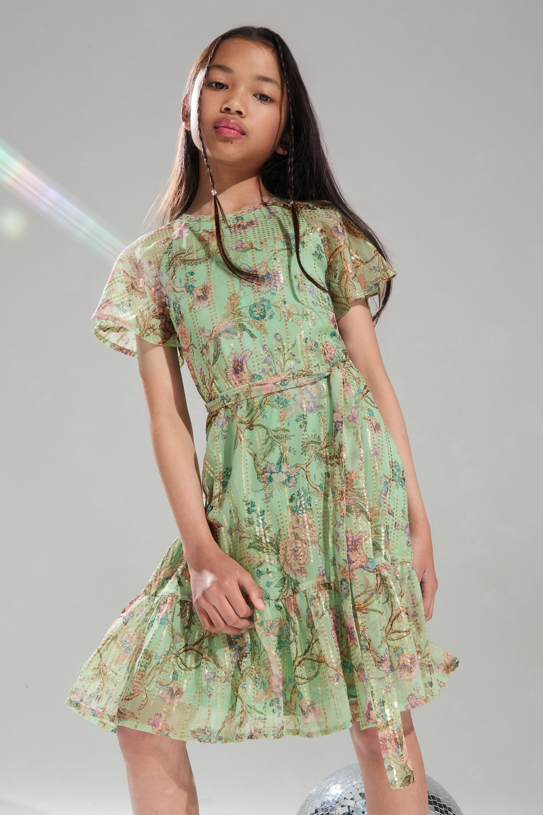 Green Floral Lipsy Sparkle Shift Occasion Dress (From 2-16yrs)