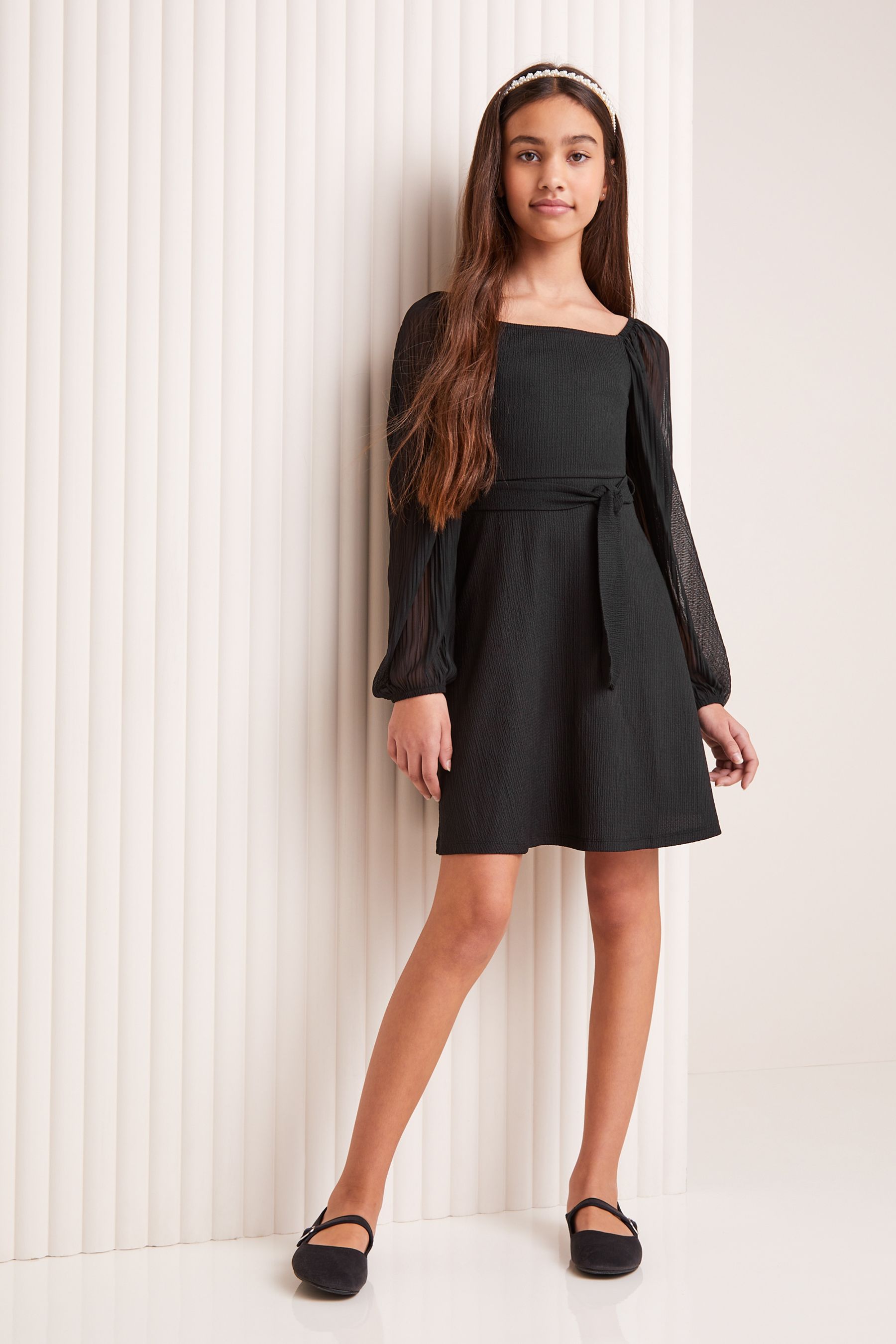 Black Crinkle Mesh Sleeve Dress (5-16yrs)