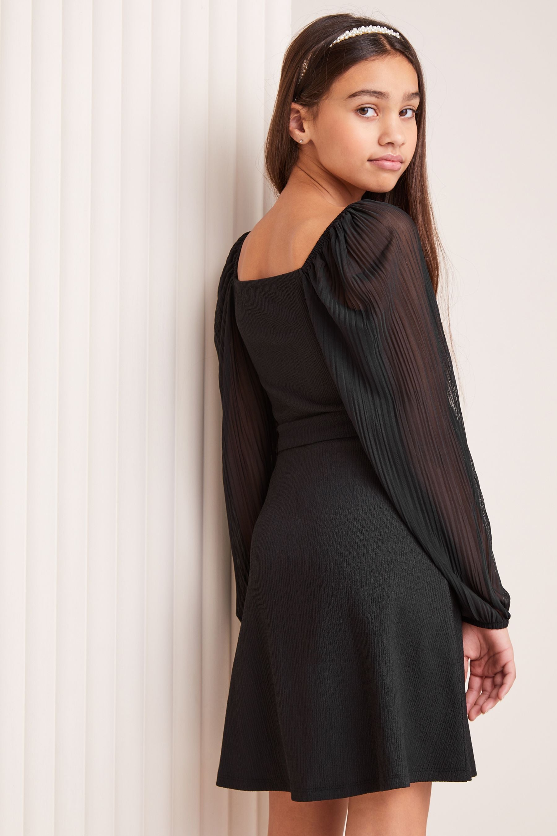 Black Crinkle Mesh Sleeve Dress (5-16yrs)