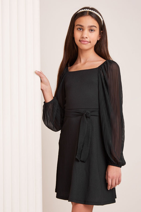 Black Crinkle Mesh Sleeve Dress (5-16yrs)