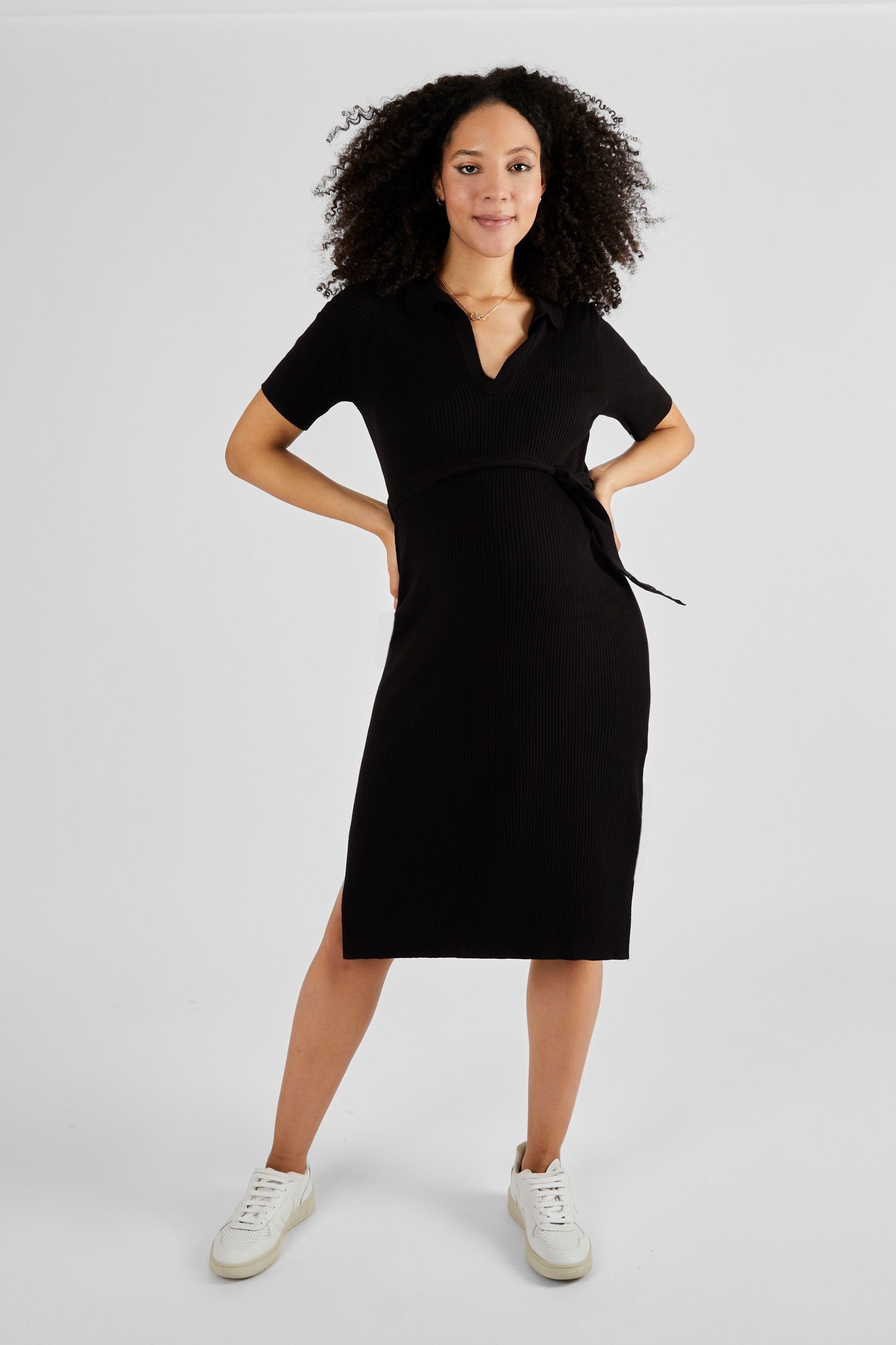 JoJo Maman Bébé Black Collared Ribbed Knitted Maternity Dress