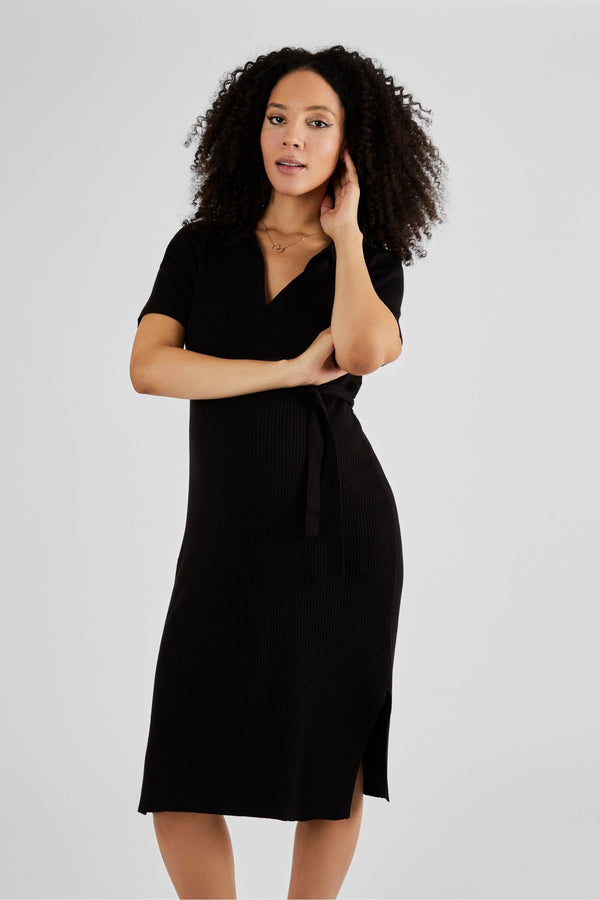 JoJo Maman B?©b?© Black Collared Ribbed Knitted Maternity Dress