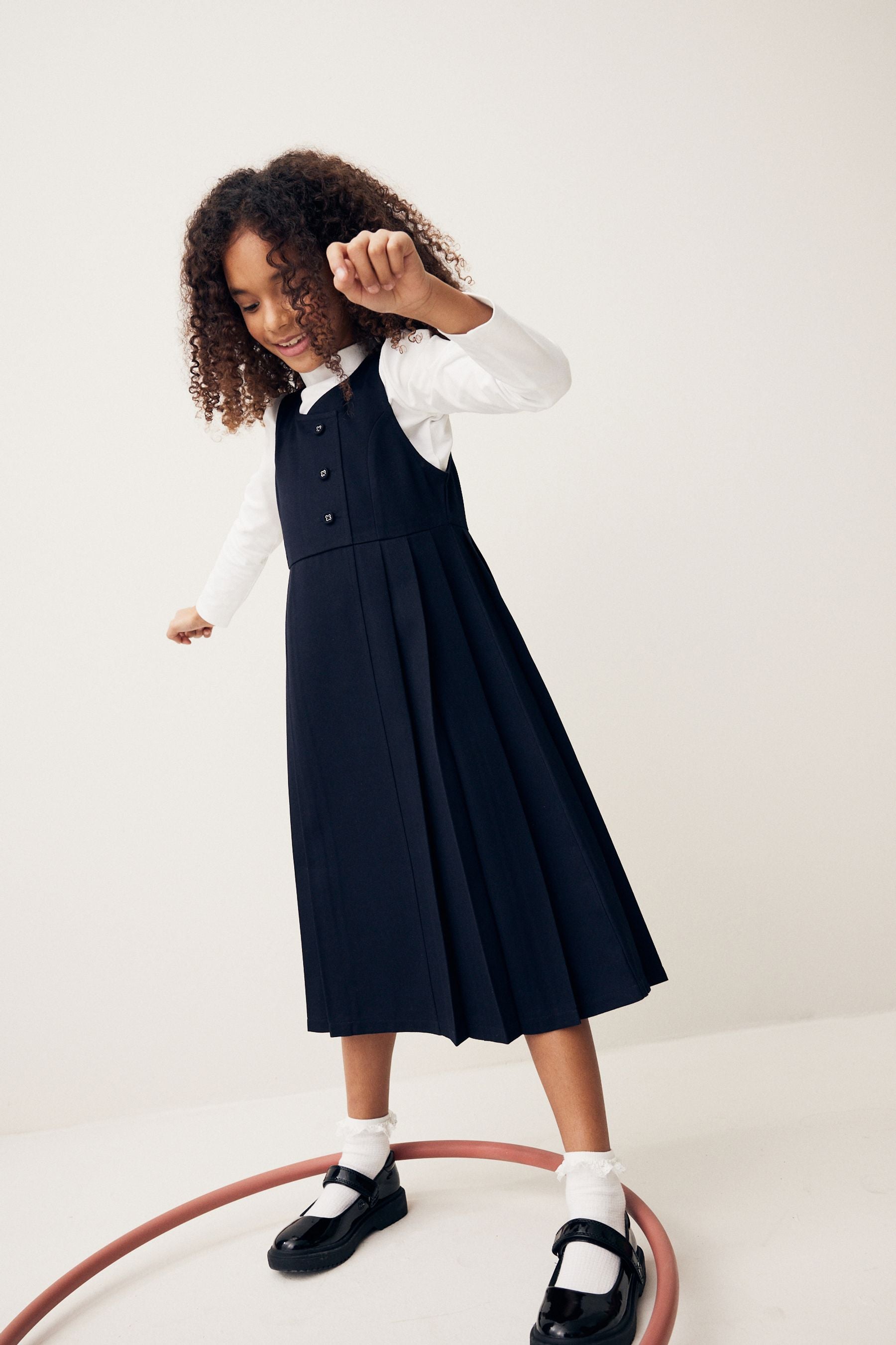 Navy Blue Asymmetric Button Front Long Pinafore School Dress (3-14yrs)