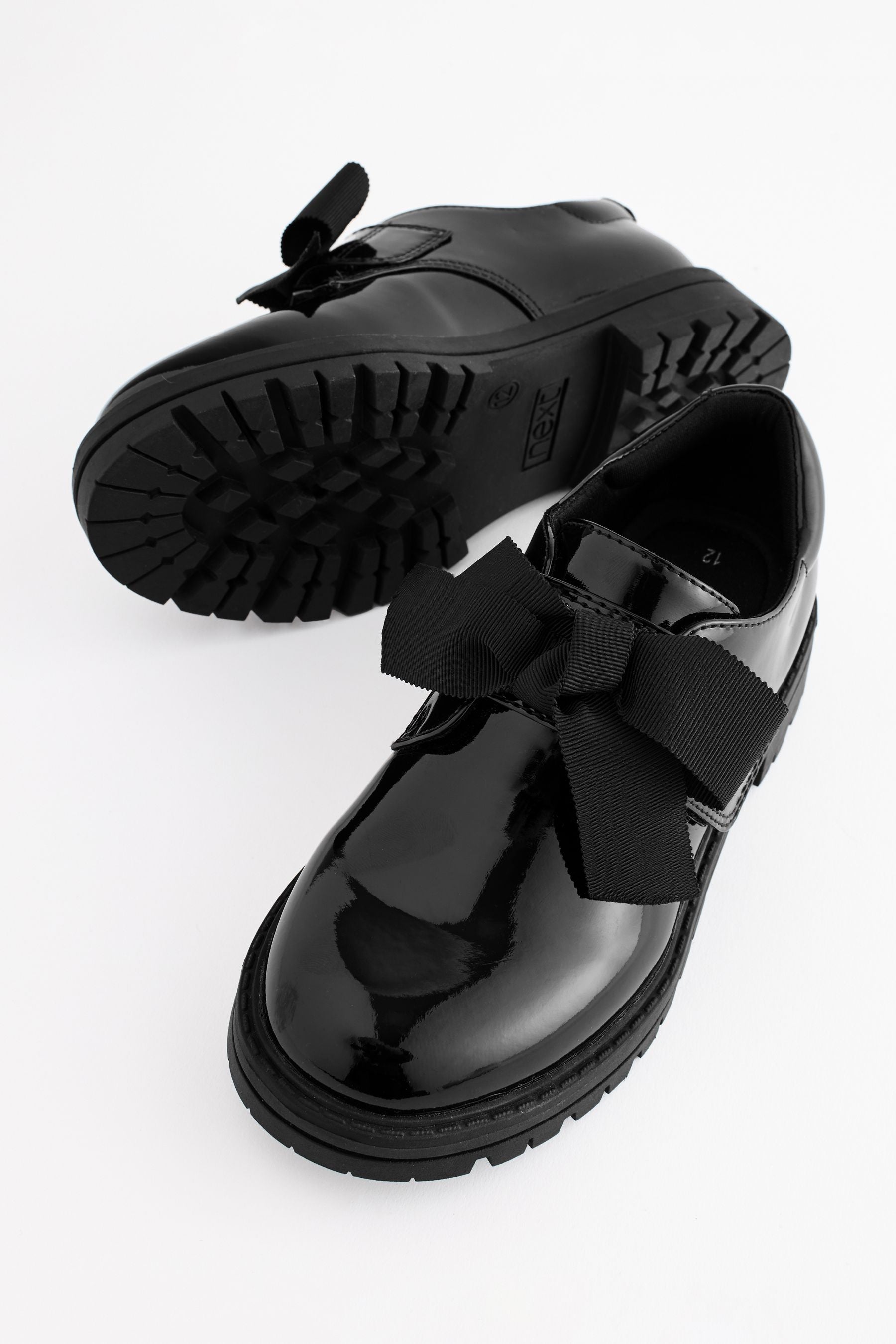 Black Patent Bow Monkstrap Chunky School Shoes