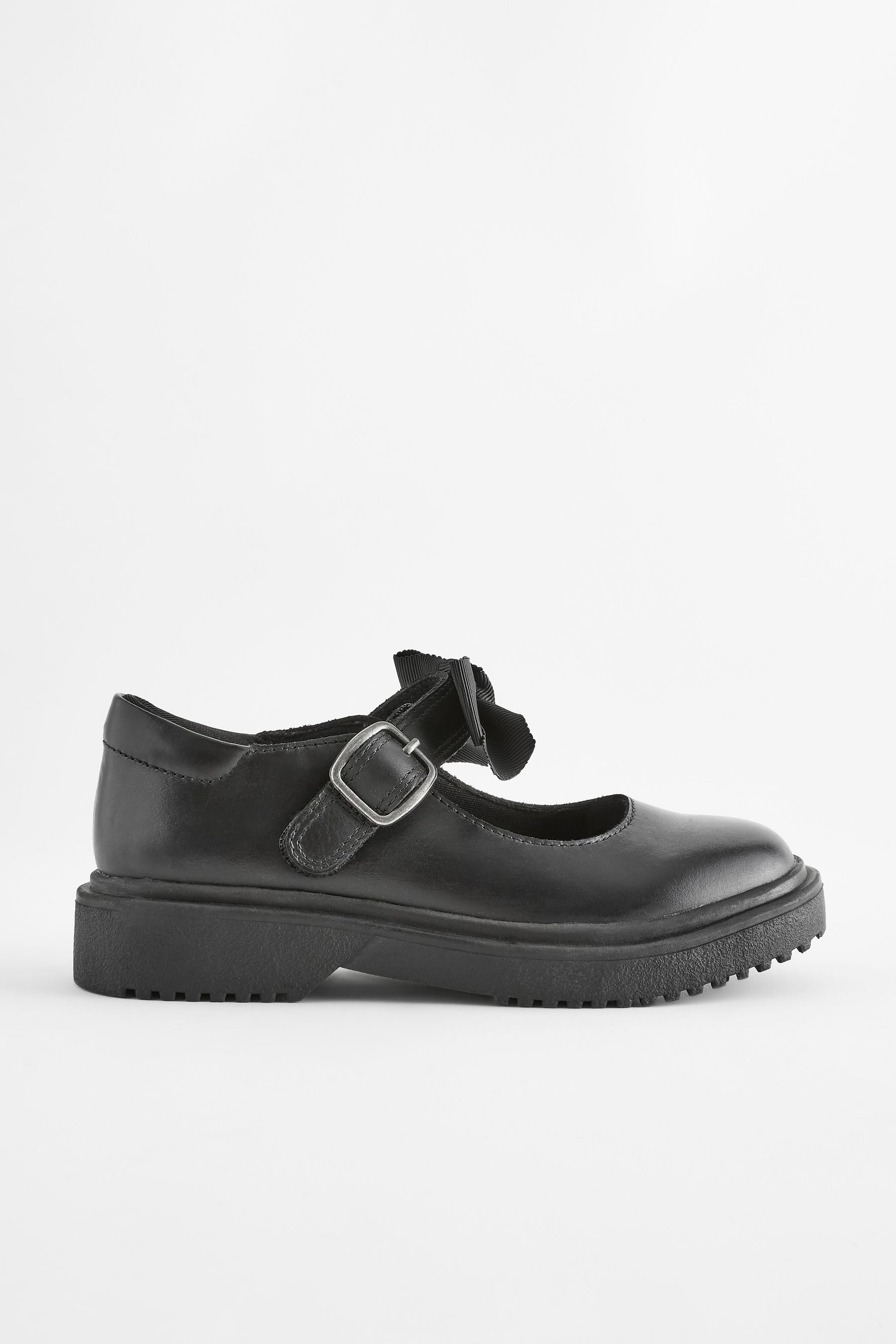 Matt Black Standard Fit (F) Leather Bow Chunky Mary Jane School Shoes