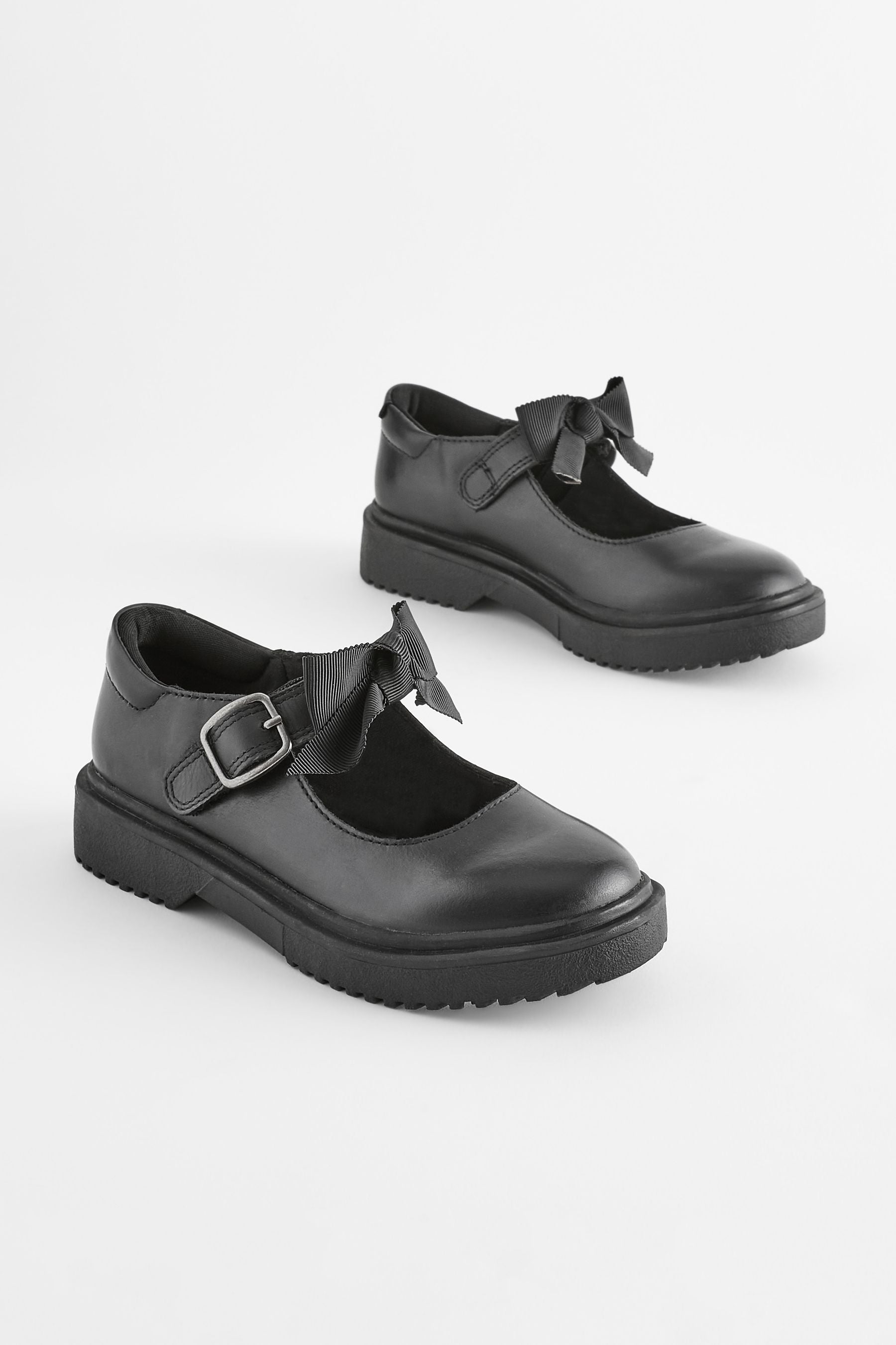 Matt Black Standard Fit (F) Leather Bow Chunky Mary Jane School Shoes