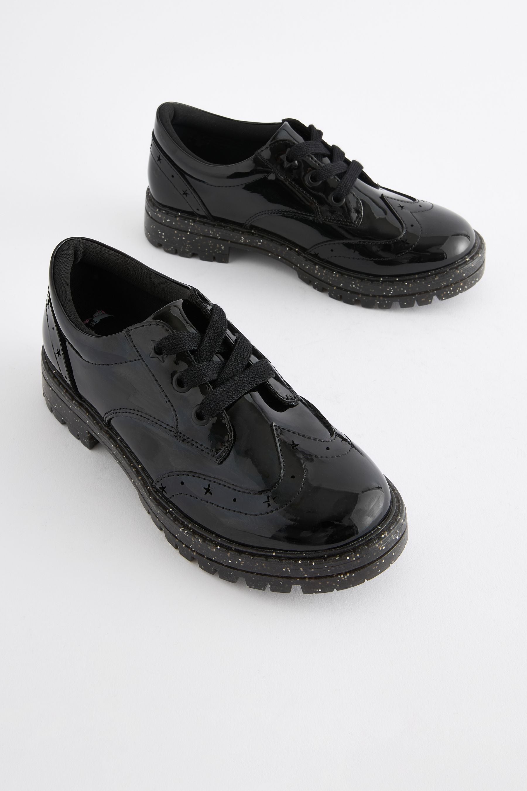 Black Patent Glitter Sole Lace Up Chunky School Shoes