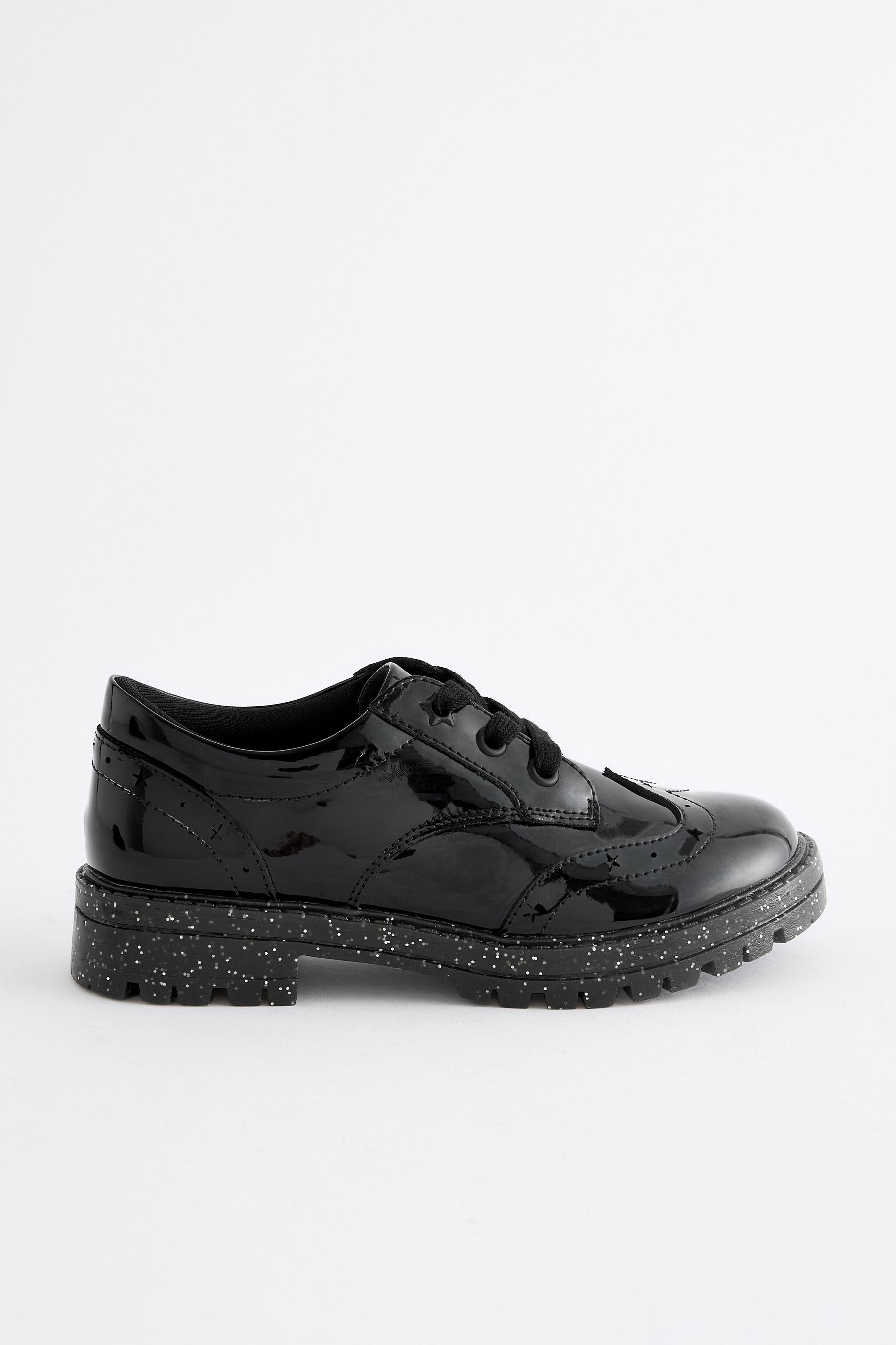 Black Patent Glitter Sole Lace Up Chunky School Shoes