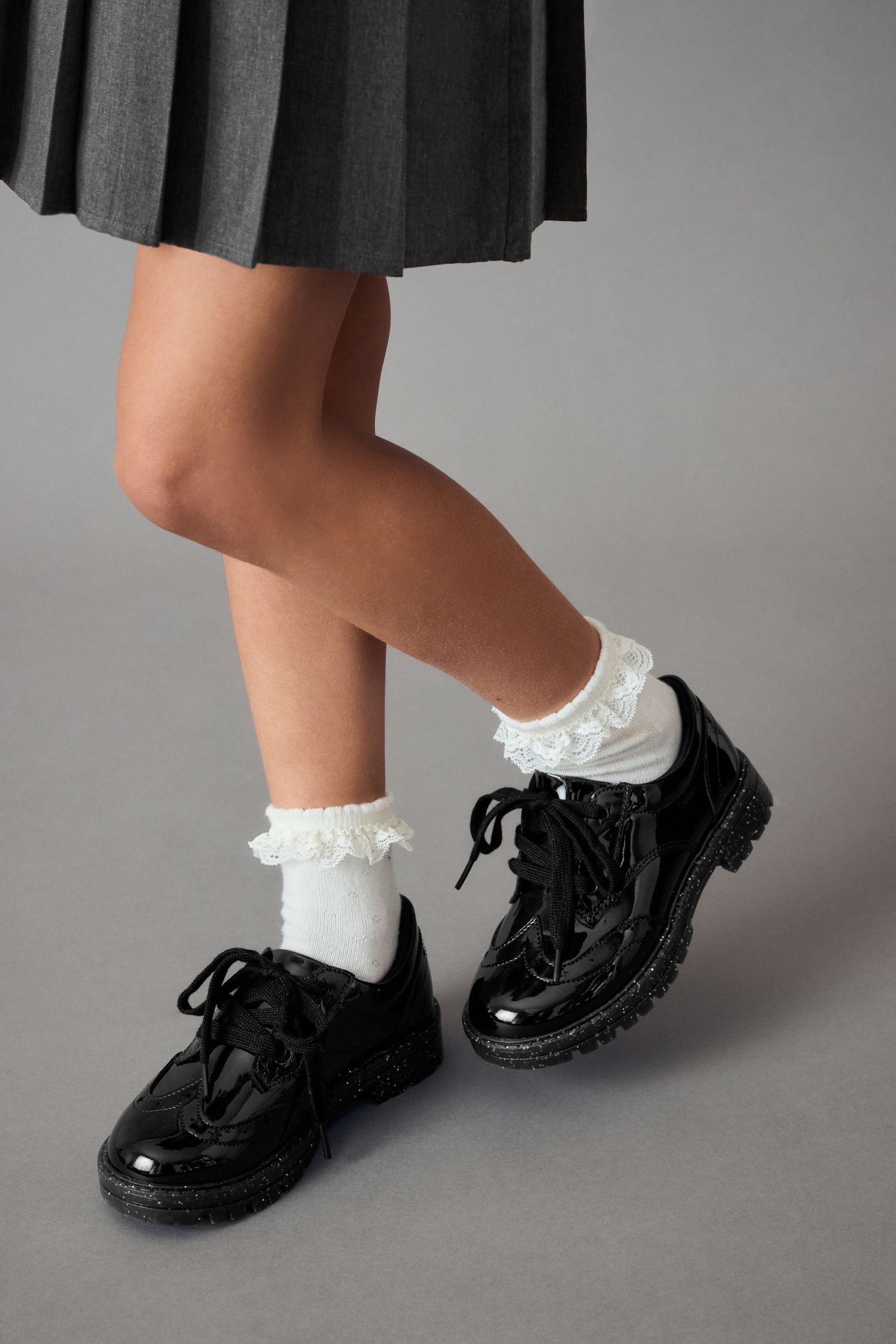 Black Patent Glitter Sole Lace Up Chunky School Shoes