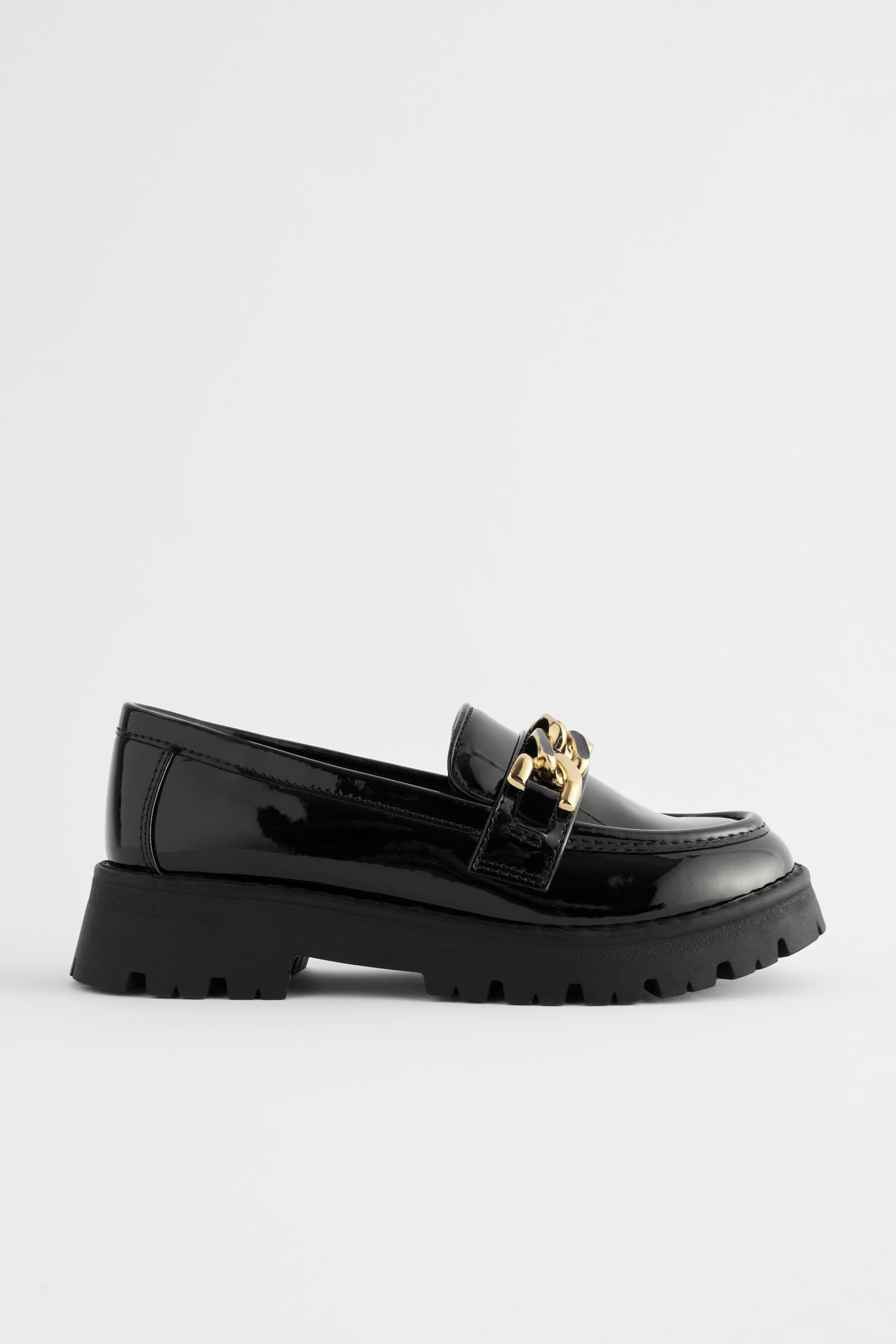 Black Patent Chunky Chain Loafer School Shoes